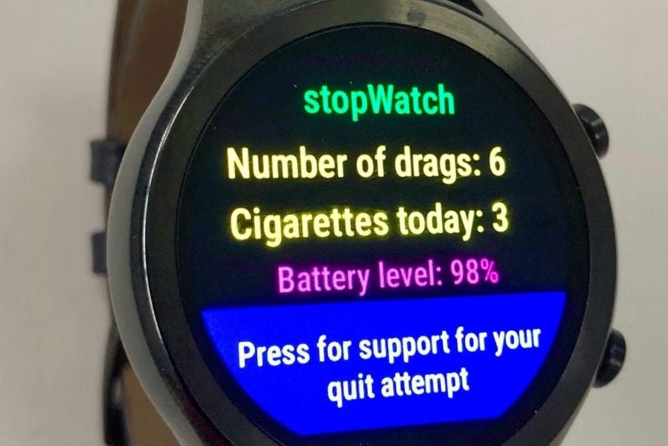 The app developed and tested by UK researchers for smartwatches sends a vibration alert and text message when the watch detects motions that indicate the wearer is smoking. Photo: University of Bristol