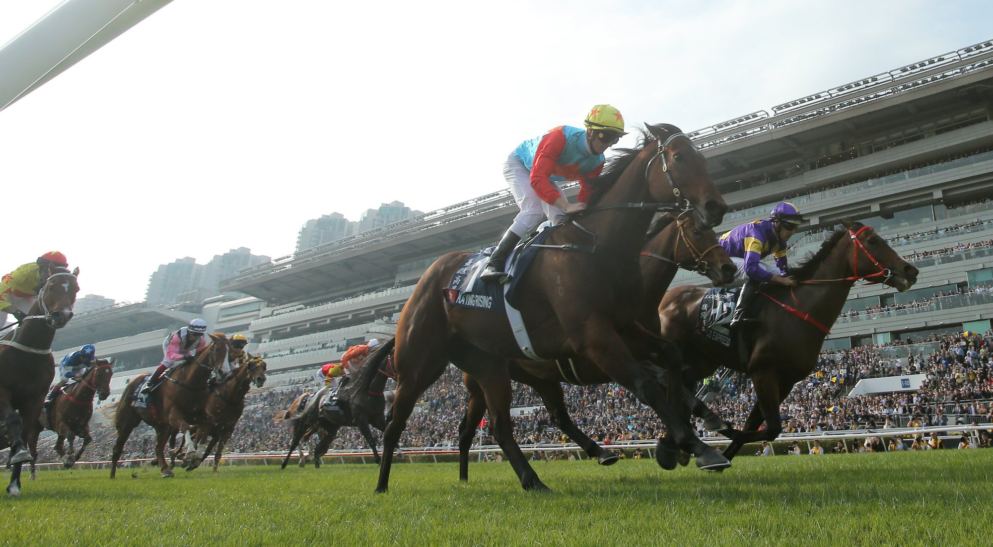 Ka Ying Rising (inside) wins the Group One Hong Kong Sprint (1,200m) last month.