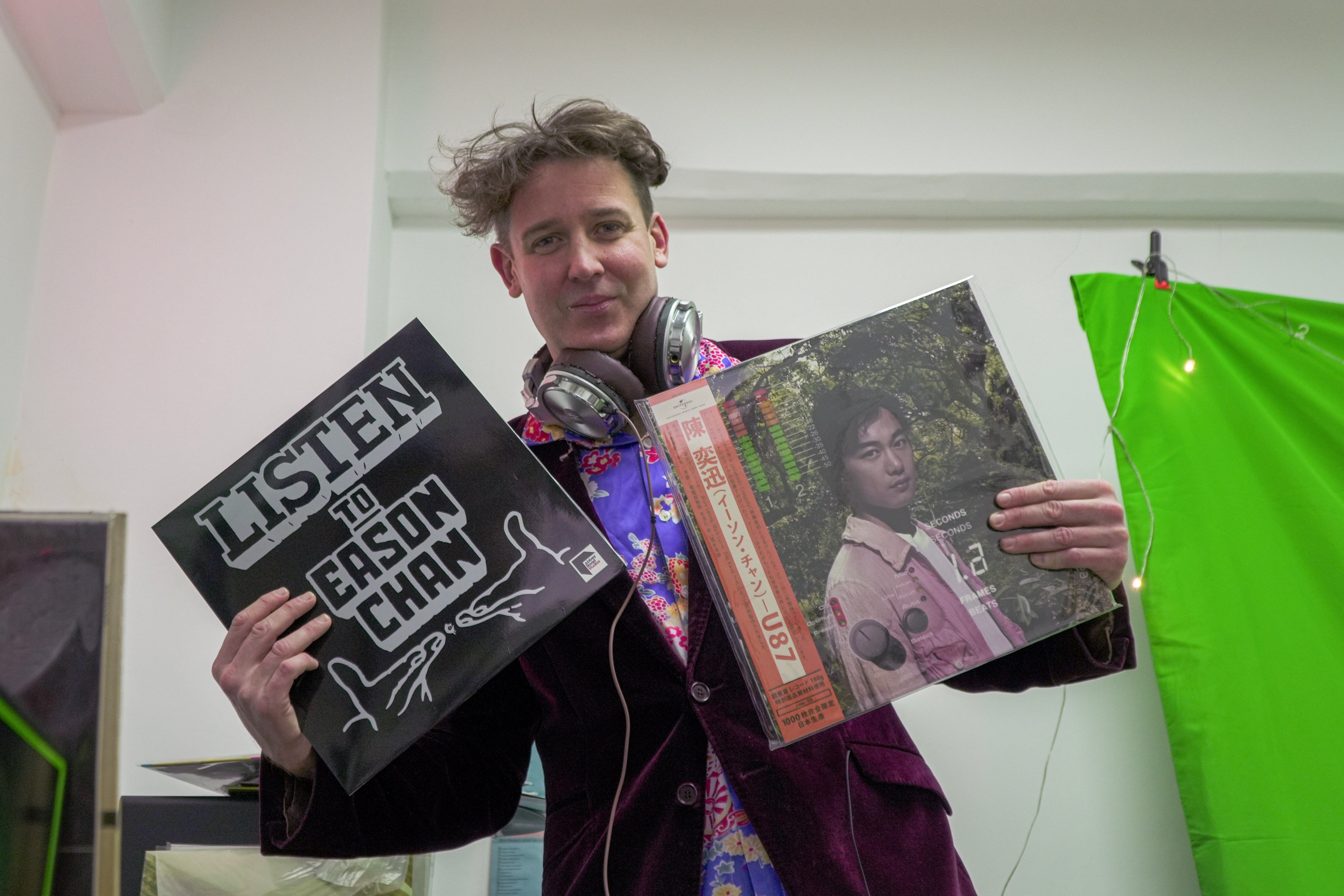 DJ Pete Sabine displays some of the records from his vinyl collection. Photo: Kayla Chan