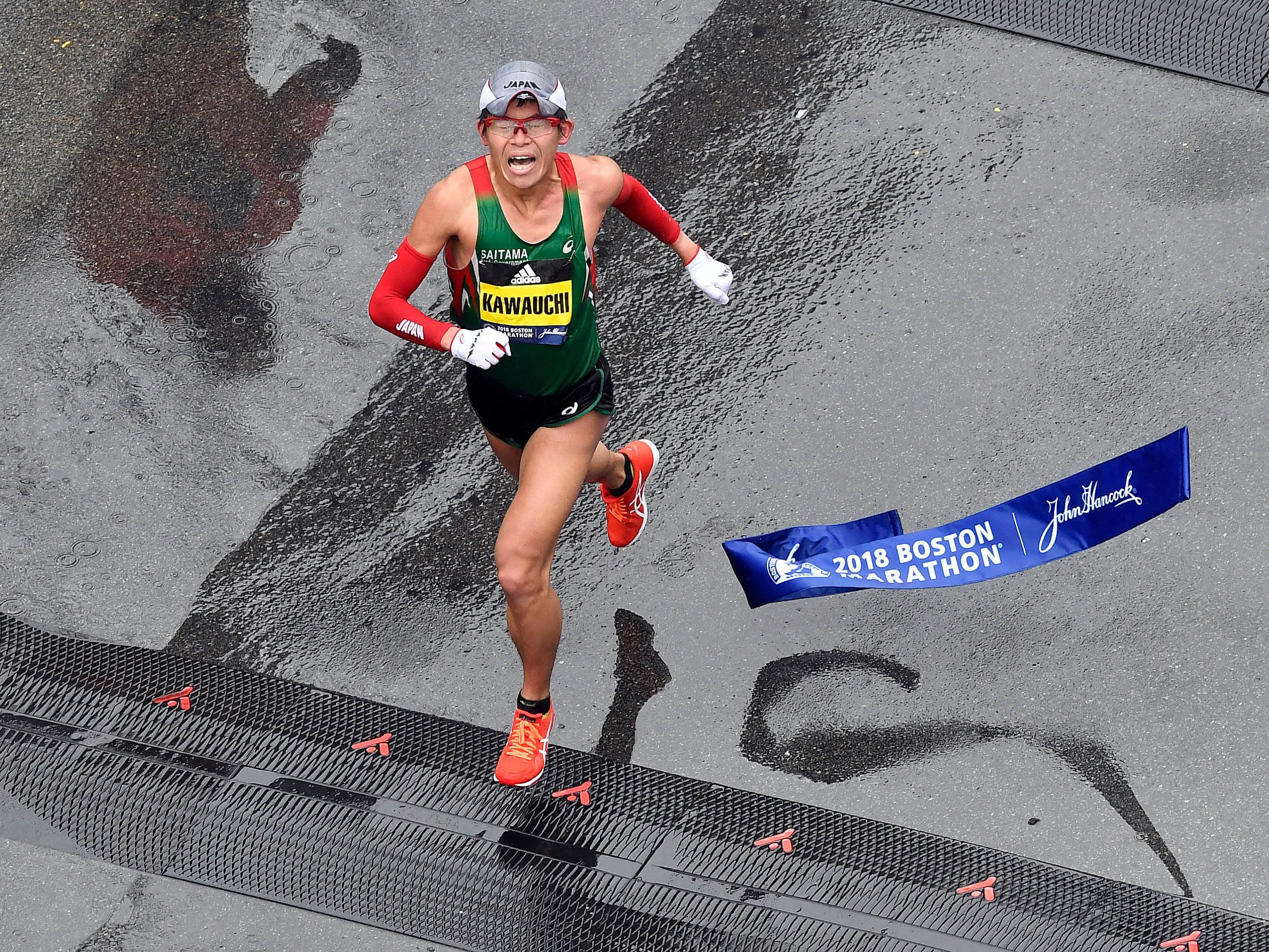 Japan’s Yuki Kawauchi crosses the finish line of the 2018 Boston Marathon, winning the men’s division. Photo: Brian Fluharty-USA TODAY Sports