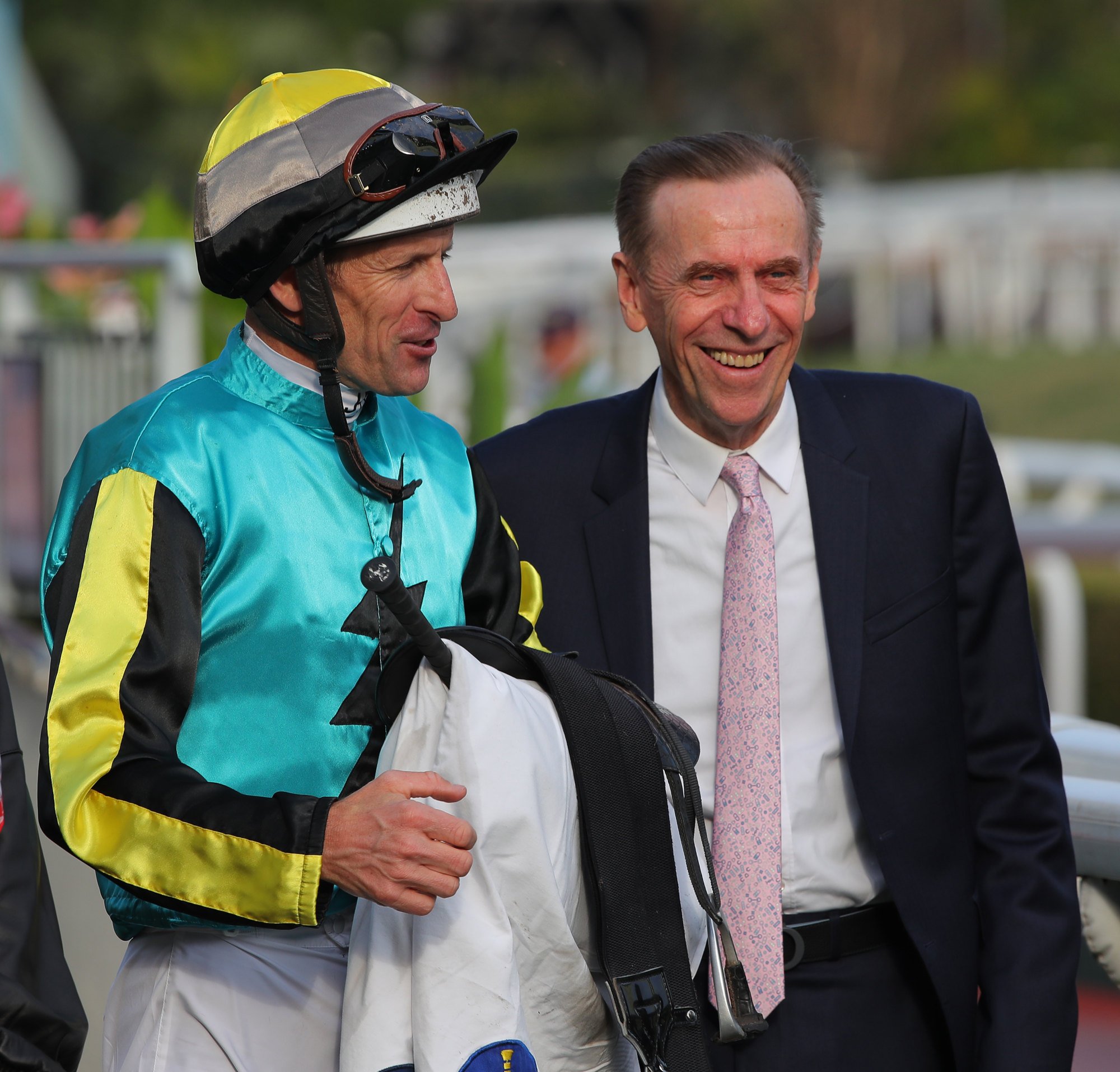 Jockey Hugh Bowman and trainer John Size after Raging Blizzard’s win.