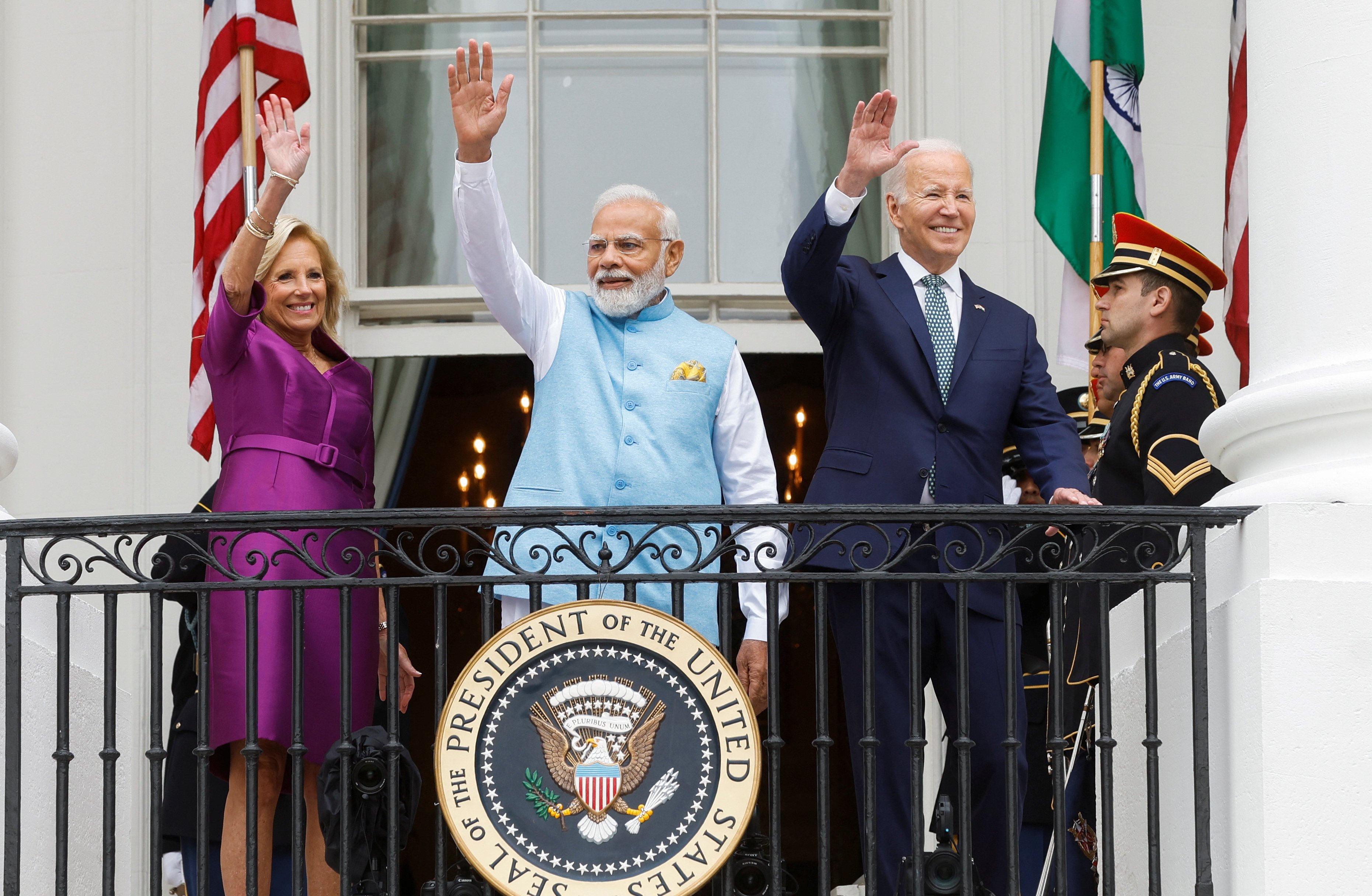 US First Lady Jill Biden, India’s Prime Minister Narendra Modi and US President Joe Biden at the White House in Washington on June 22, 2023. Photo: Reuters