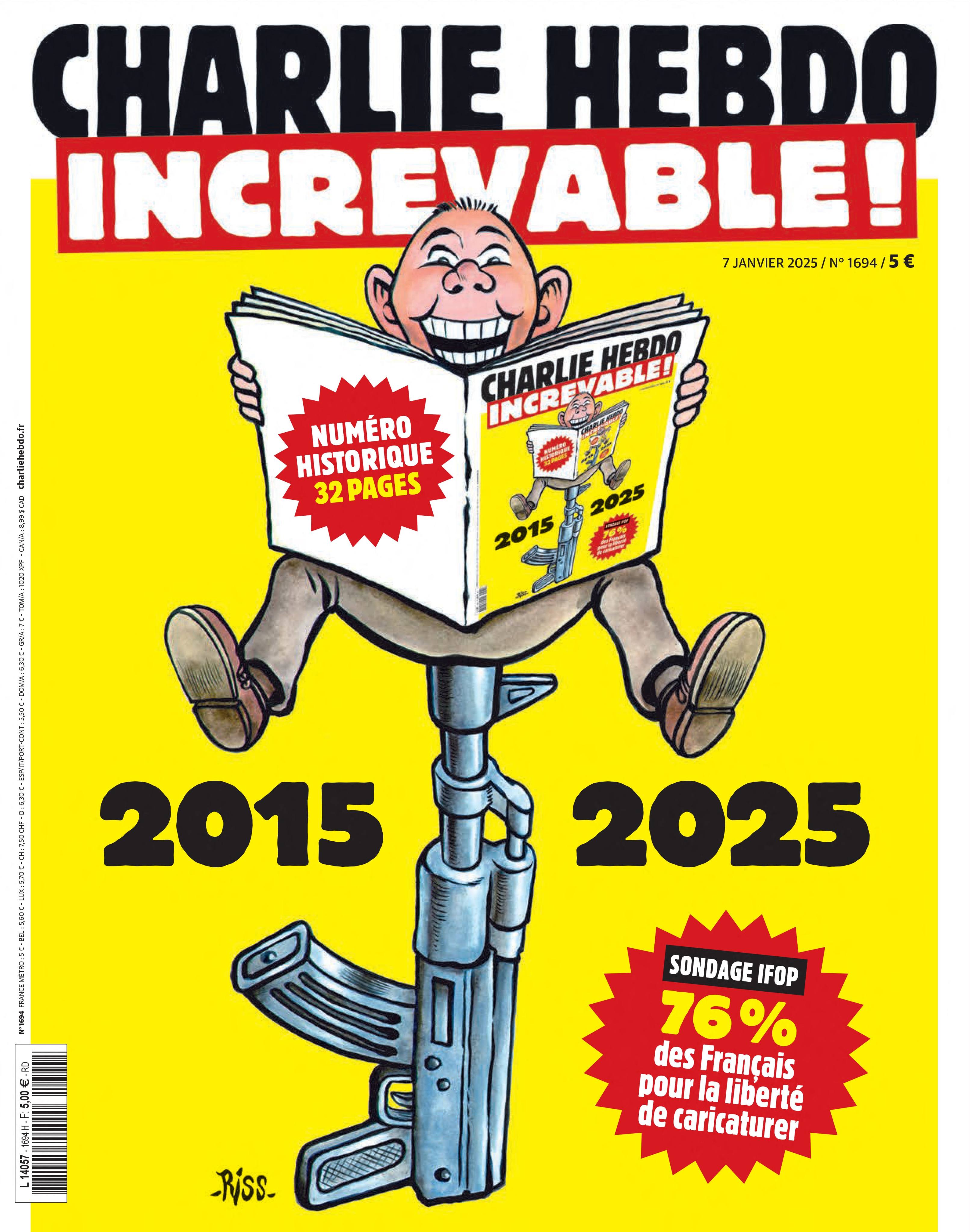 French satirical weekly Charlie Hebdo shows the front-page of its special edition to mark ten years since an attack on its offices by Islamist gunmen that decimated its staff. Photo: Handout/Charlie Hebdo/AFP