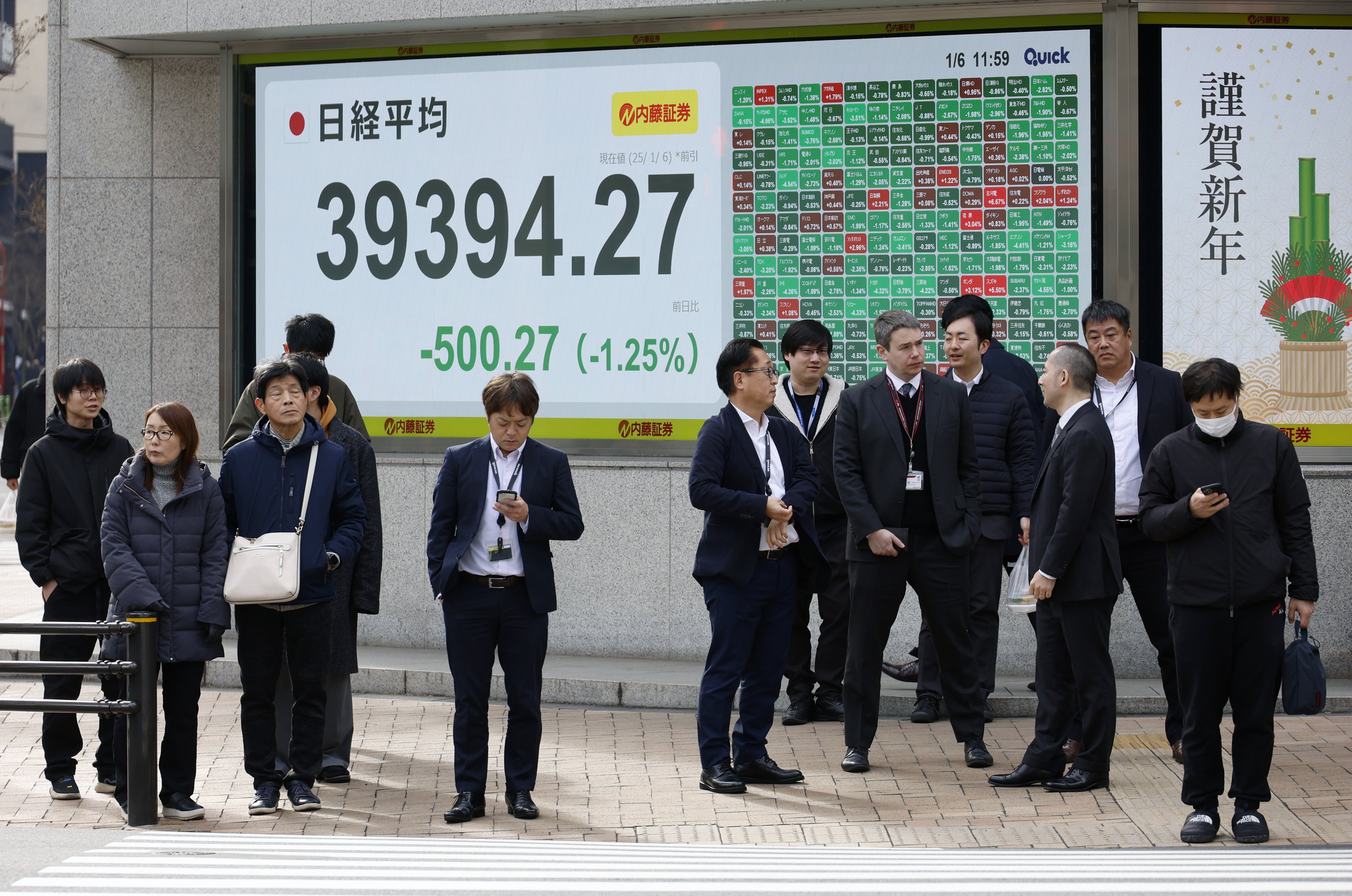 Passersby stand before an electronic board showing stock market indicators in Tokyo on January 6, the first day of trading in 2025: Photo: EPA-EFE