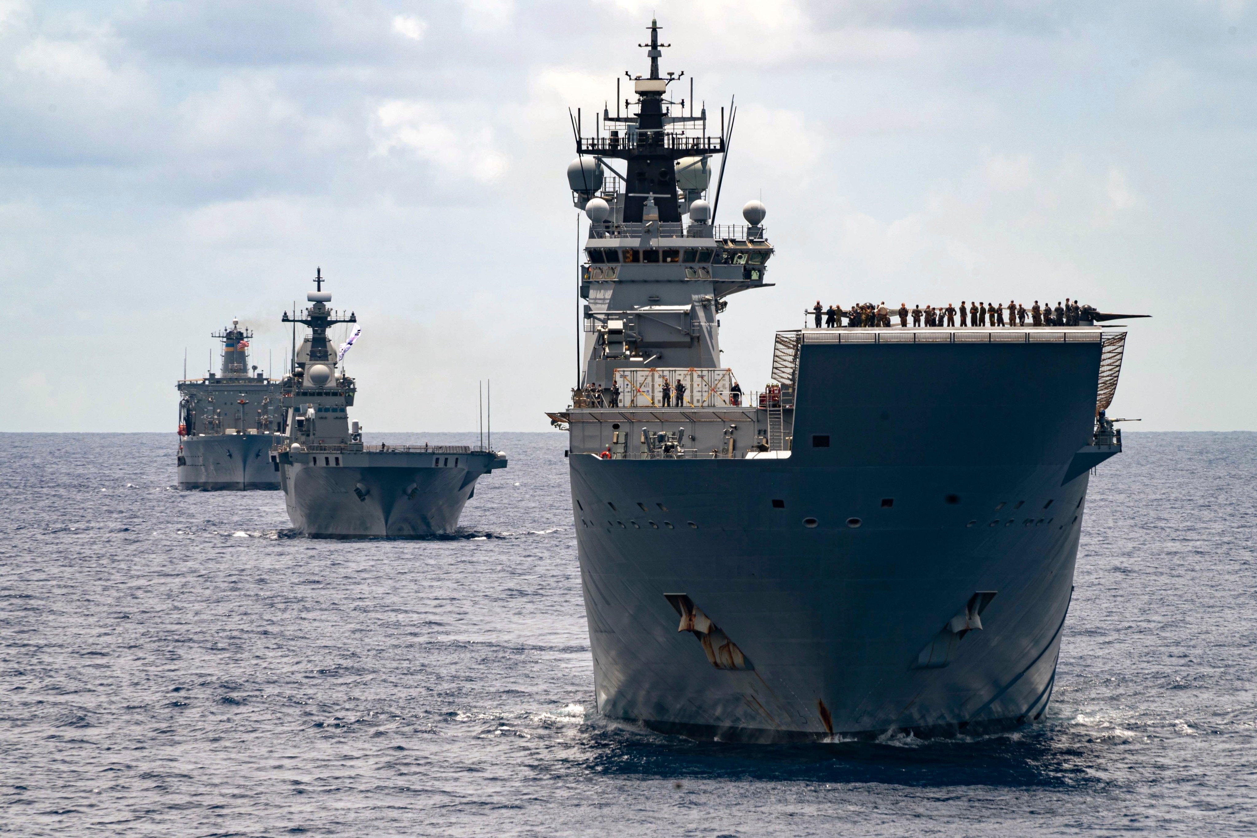 Royal Australian Navy ships Canberra, Supply and Warramunga sail in formation with 37 ships during the Rim of the Pacific exercise in 2022. Photo: Australian Defence Force via AP