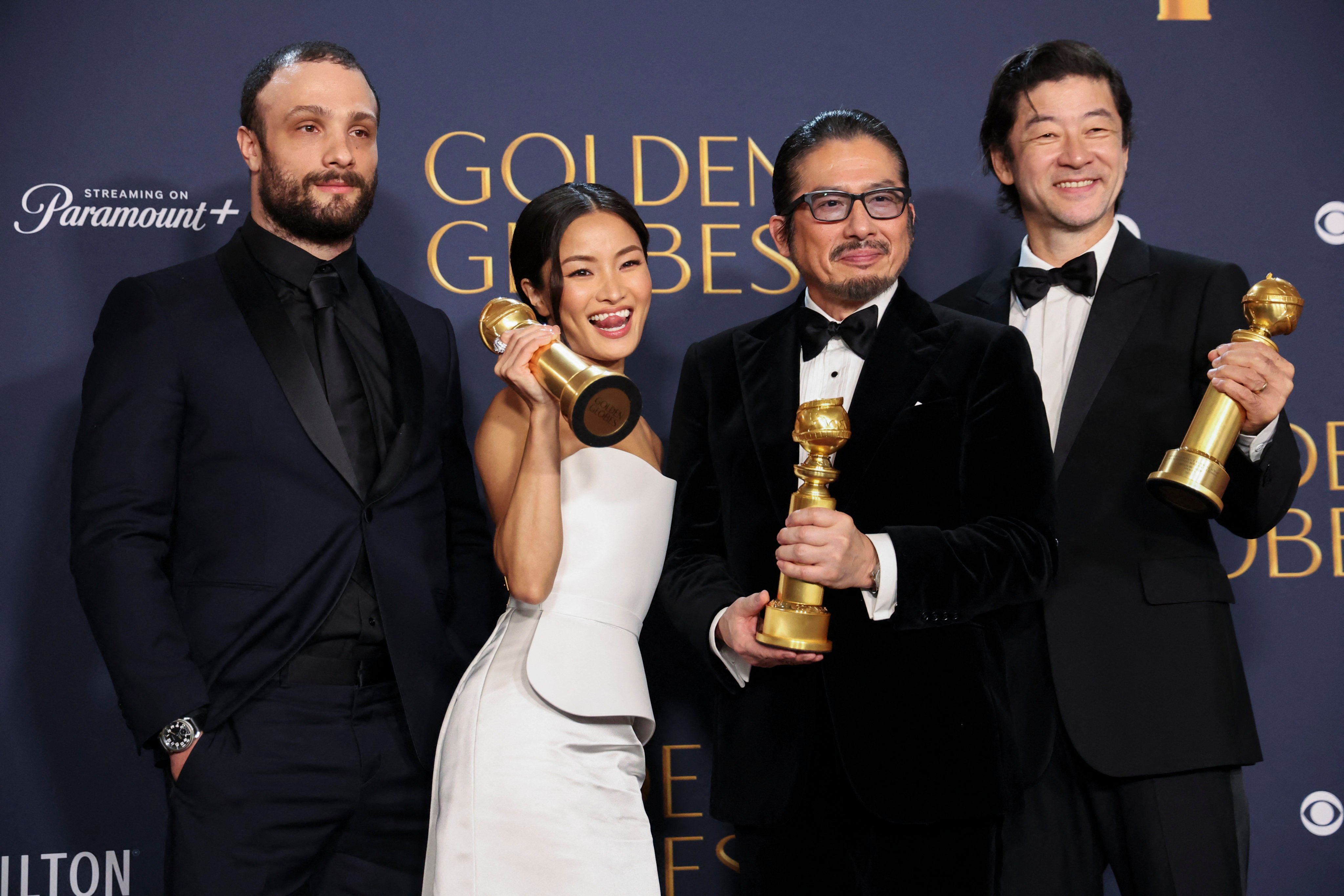 Cosmo Jarvis with fellow Shogun cast members and Golden Globen Globe winners Anna Sawai, Hiroyuki Sanada (second from right) and Tadanobu Asano. The series also won for best TV drama. Photo: Reuters