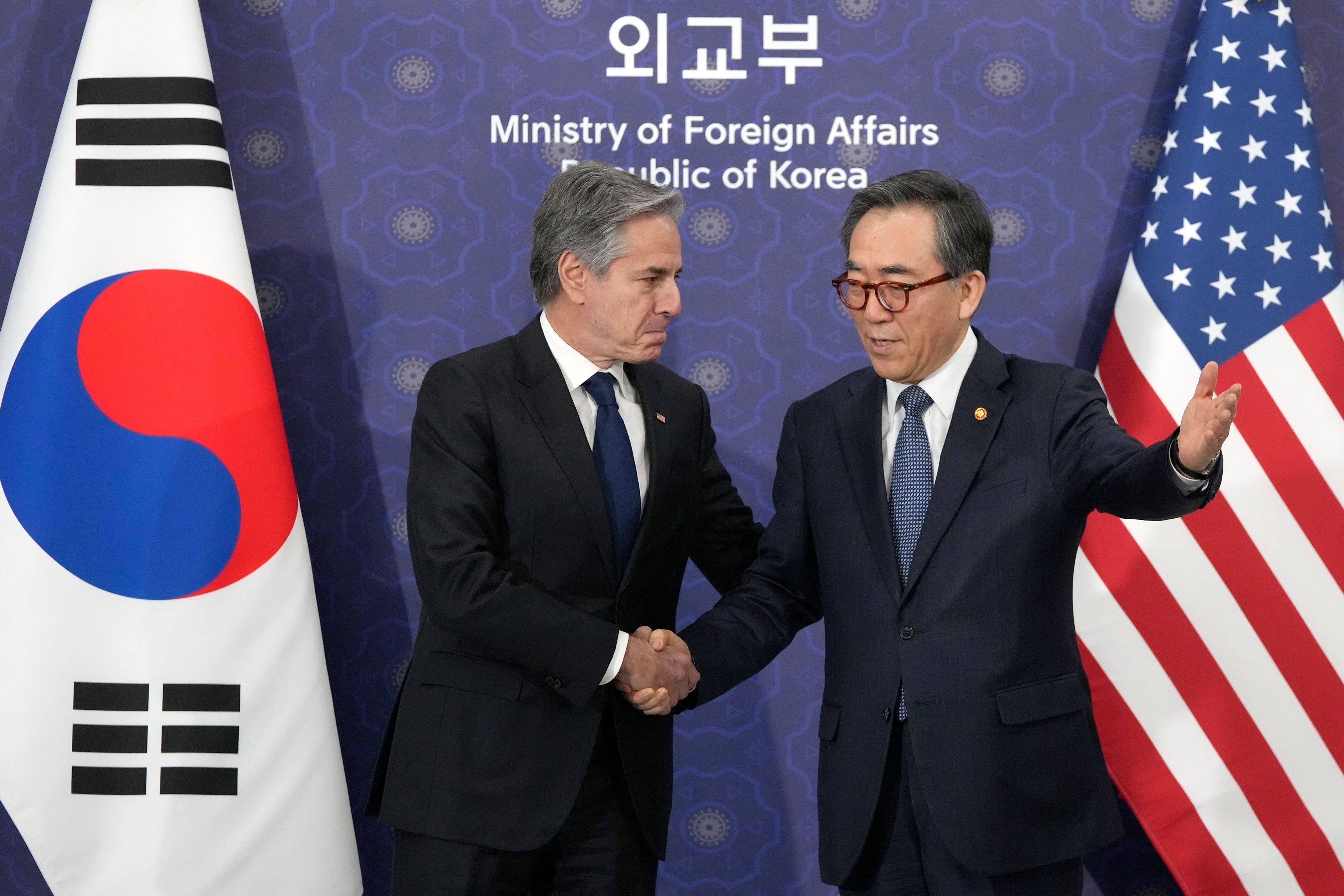 US Secretary of State Antony Blinken (left) shakes hands with South Korean Foreign Minister Cho Tae-yul during their meeting in Seoul on Monday. Photo: AFP