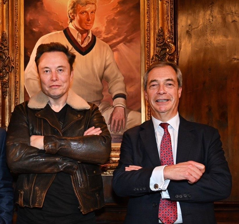 Elon Musk and Nigel Farage at Donald Trump’s Mar-a-Lago residence in Florida in December. Photo: X @Nigel_Farage