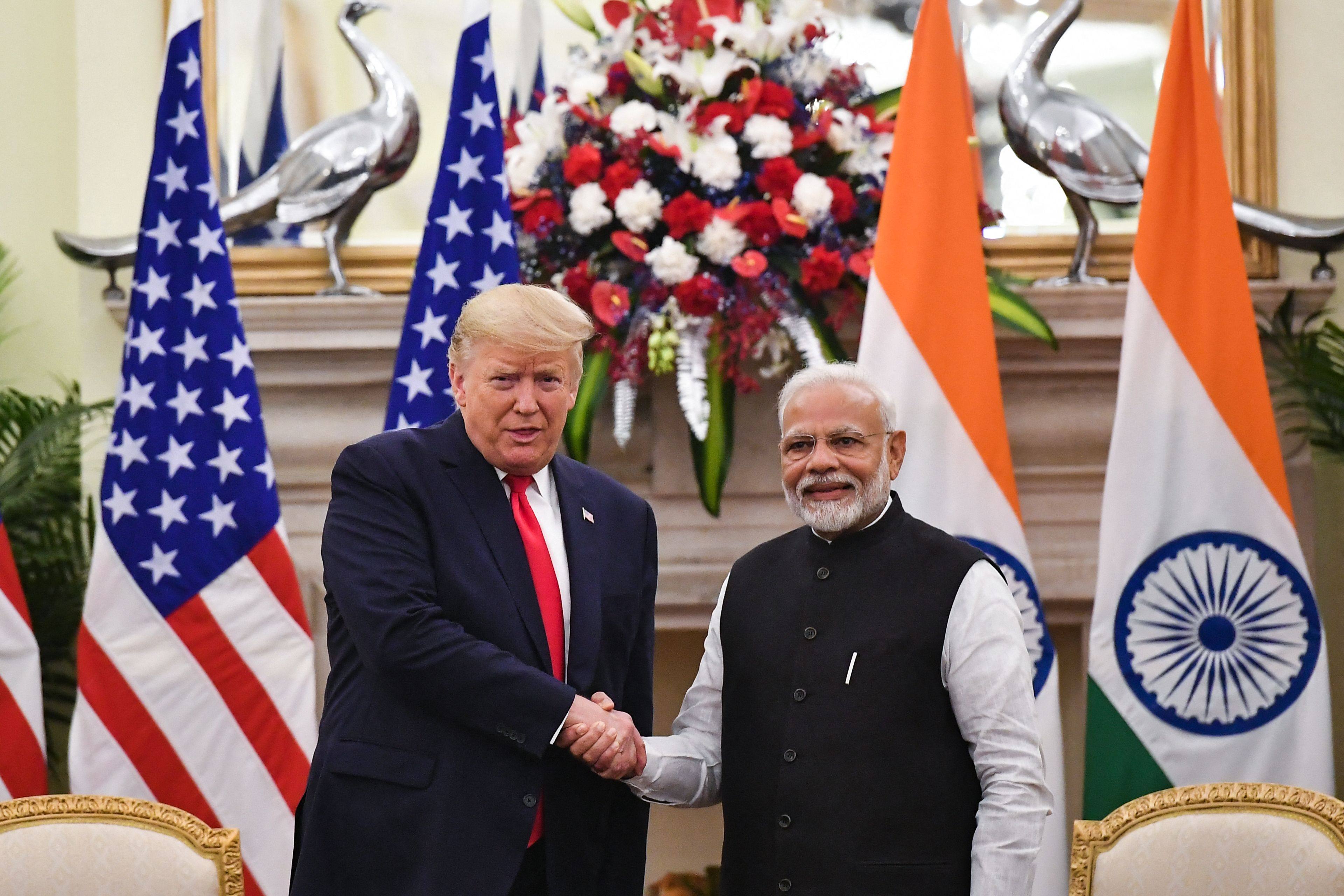 India’s Prime Minister Narendra Modi meets then-US President Donald Trump at Hyderabad House in New Delhi in 2020. Photo: AFP