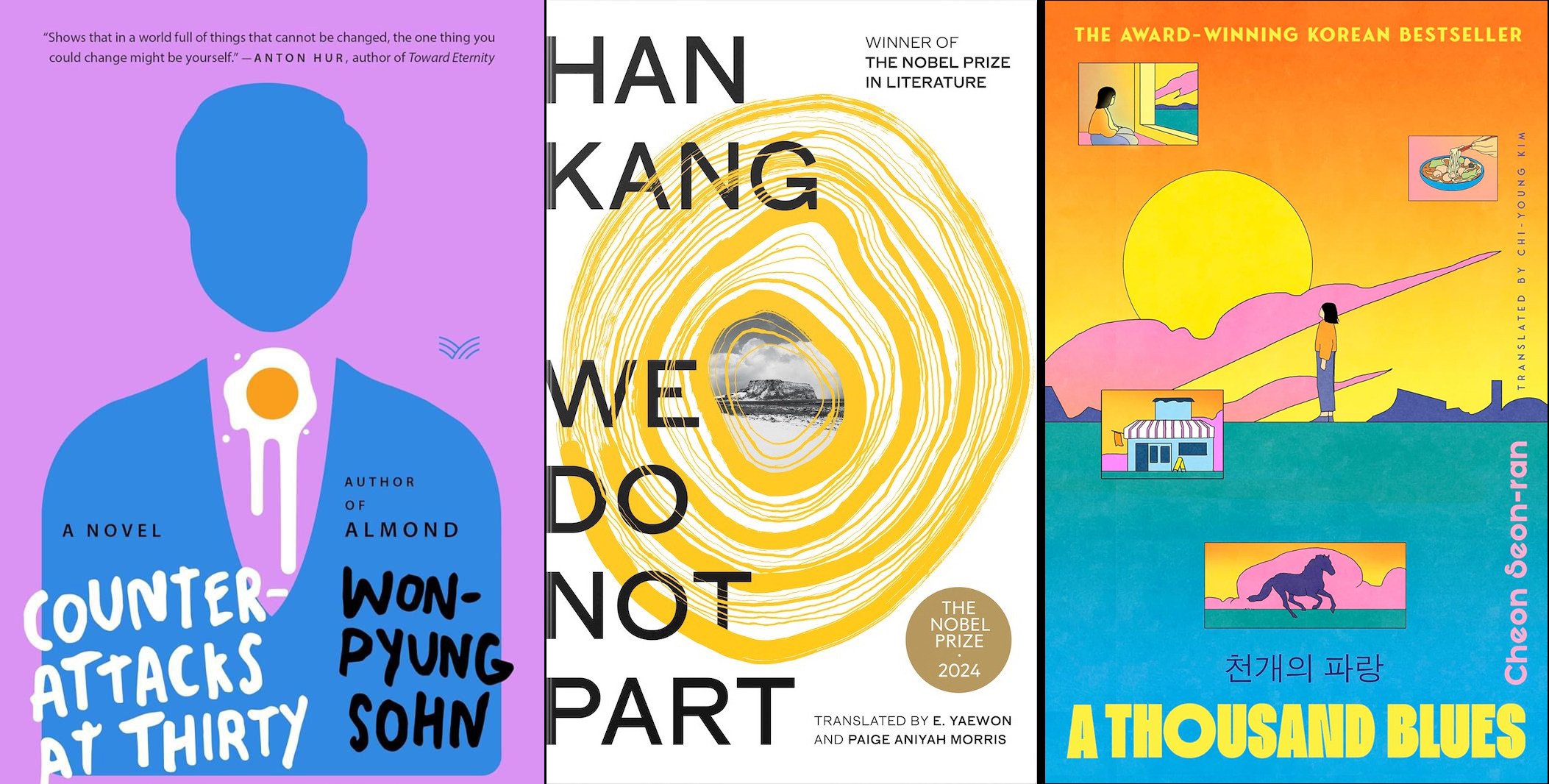 (From left) Counterattacks at Thirty by Won-pyung Sohn, We Do Not Part by Han Kang, and A Thousand Blues by Cheon Seon-ran are among the many English-language Korean books to look forward to in 2025. Photo: Harper Collins/Penguin