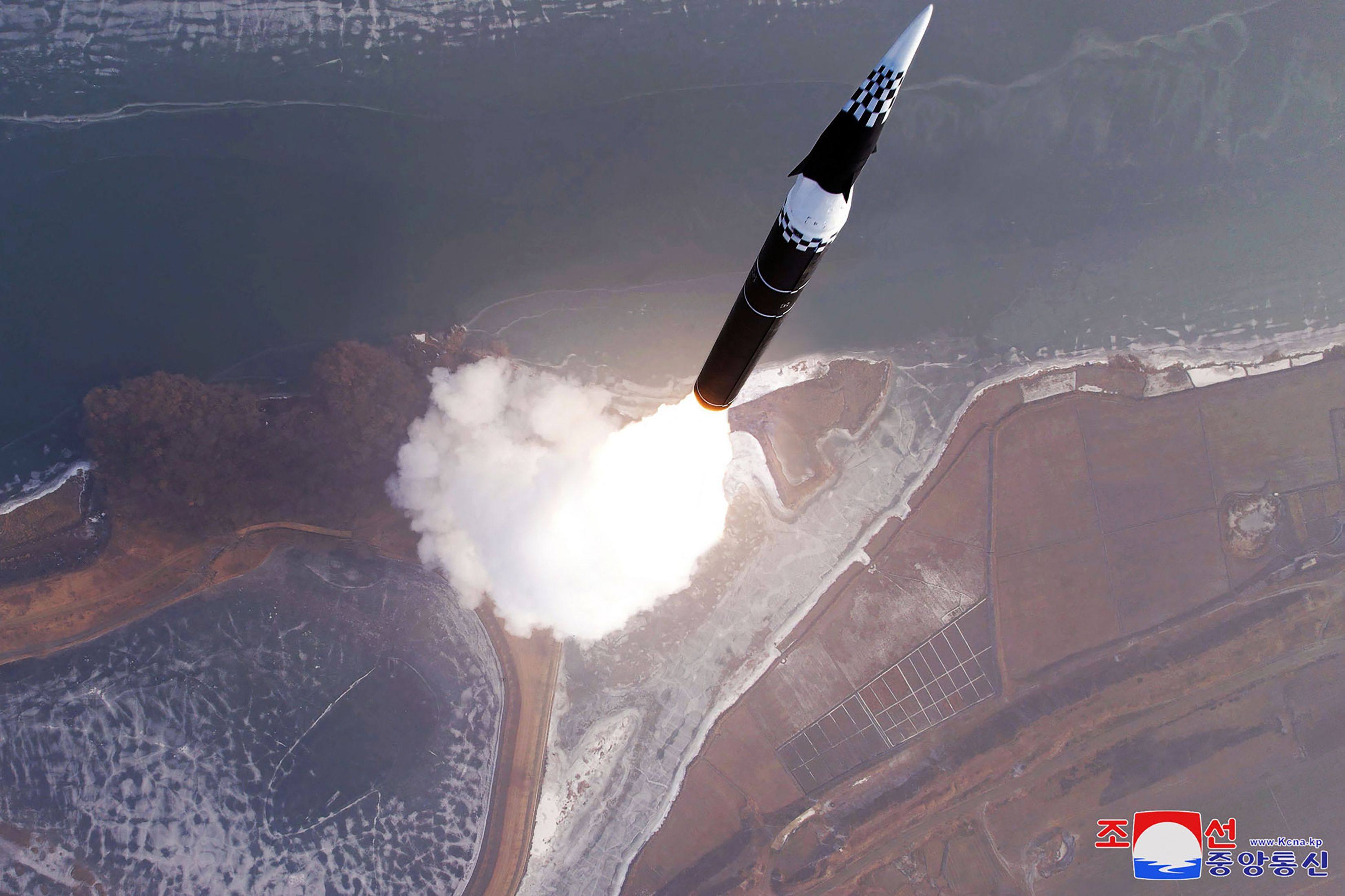 A missile is launched during what North Korean state media said was a test of a new intermediate-range hypersonic ballistic missile on Monday. Photo: KCNA via KNS/AFP