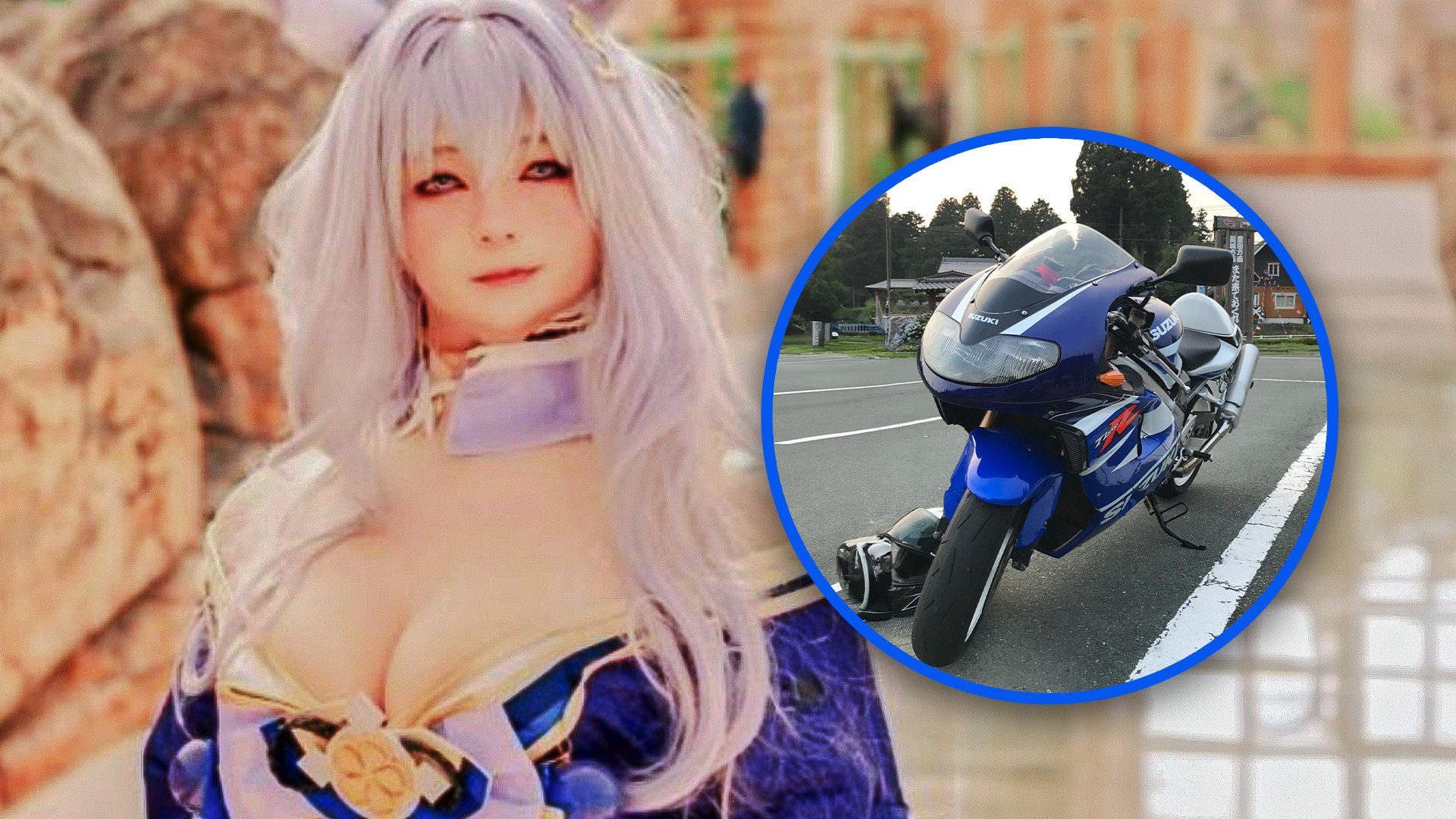 Social media sleuths in Japan have helped a couple find their stolen motorbike after a buxom cosplayer flaunts the stolen property online. Photo: SCMP composite/X