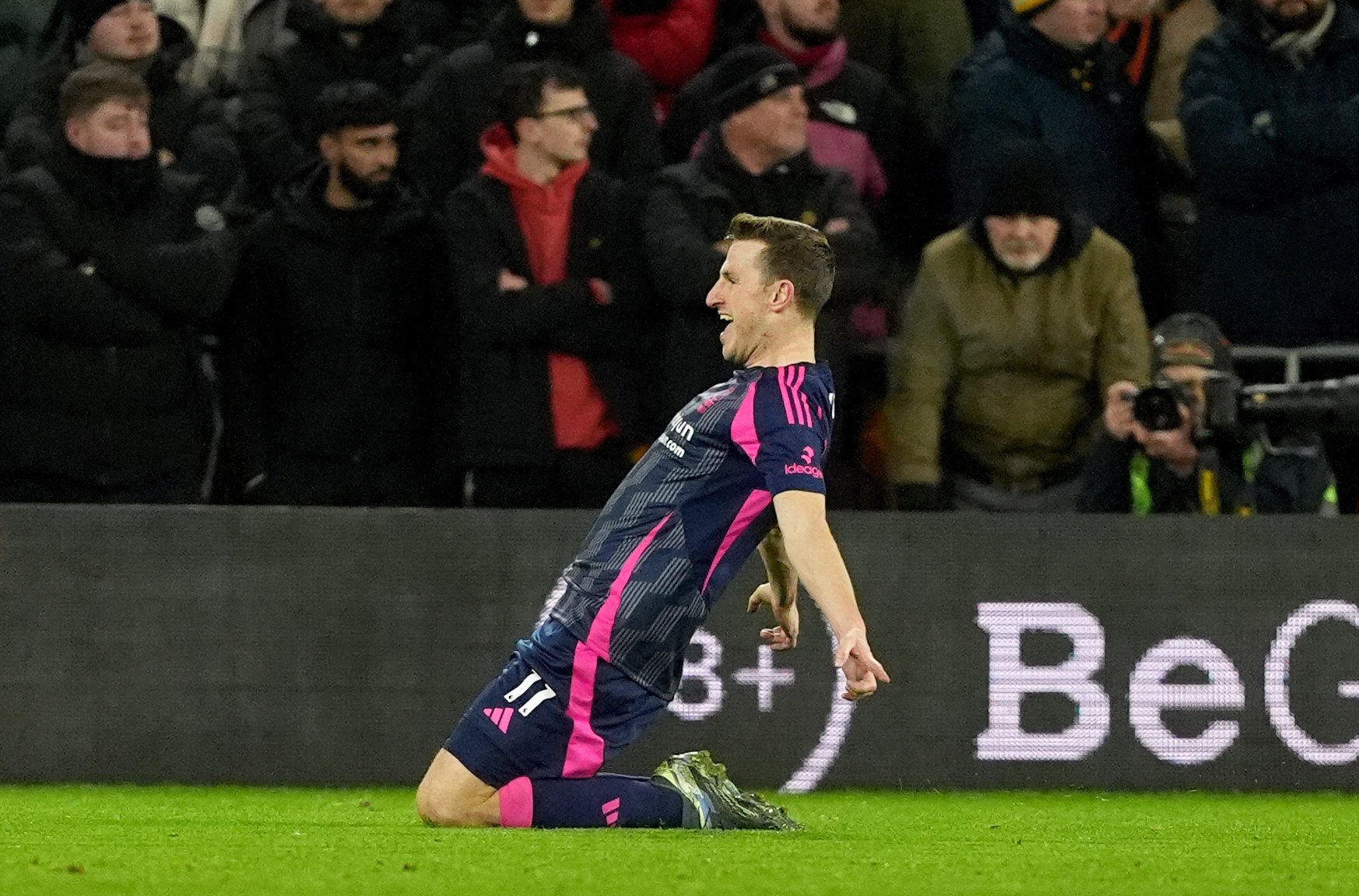 Nottingham Forest striker Chris Wood celebrates scoring his side’s second against Wolverhampton Wanderers at Molineux Stadium. Photo: DPA