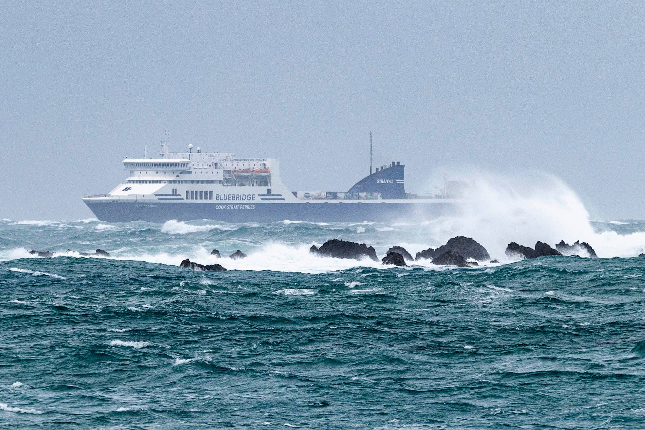 A ferry crosses the Cook Strait in rough seas on its way to Wellington, New Zealand. Photo: Stuff via AP