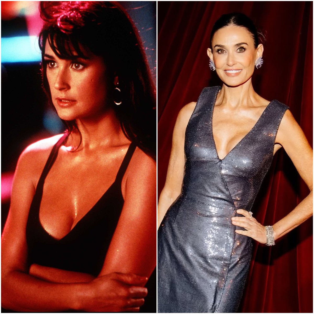 Demi Moore in the 1996 film Striptease (L), and attending the 2024 Academy Museum Gala (R). Photo: @demimoore/Instagram