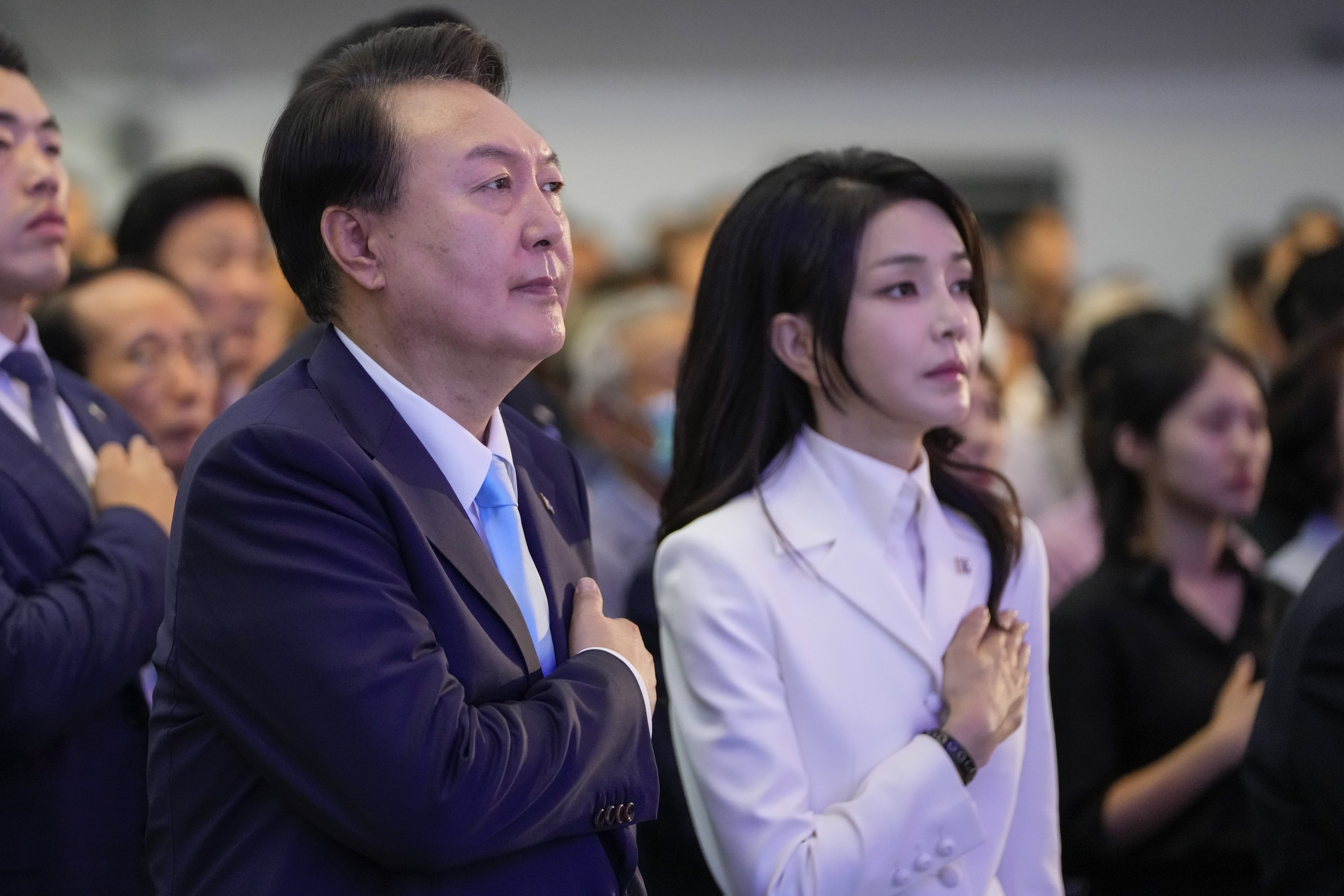 South Korean President Yoon Suk Yeol (L) and his wife Kim Keon Hee (R) take part in a ceremony to celebrate the 78th anniversary of the Korean Liberation Day from Japanese colonial rule in 1945, in Seoul, South Korea on August 15, 2023. Photo: EPA-EFE