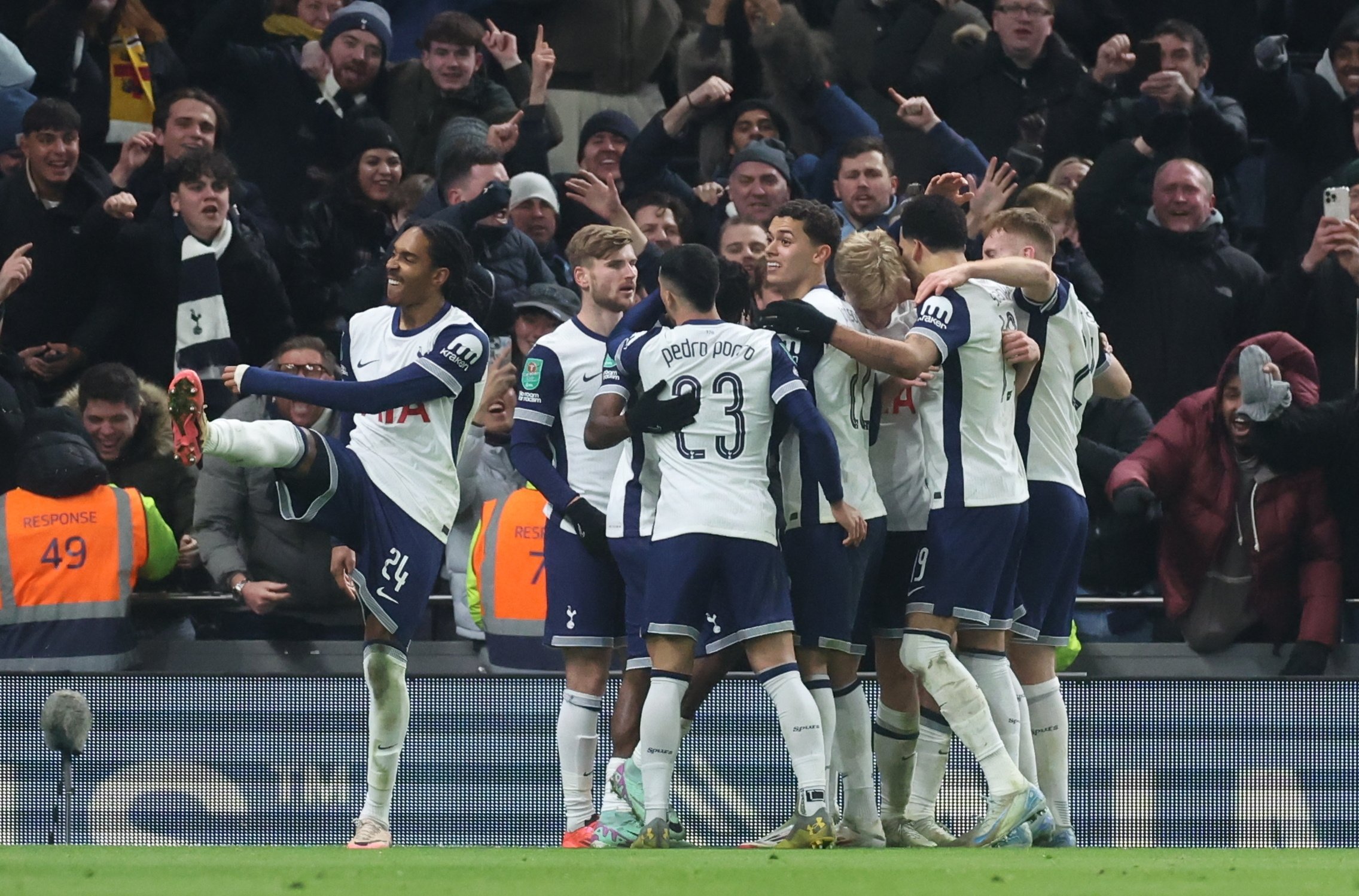 Tottenham players celebrate after Lucas Bergvall’s goal, which will see them take a lead to Anfield for their EFL Cup semi-final second leg. Photo: EPA