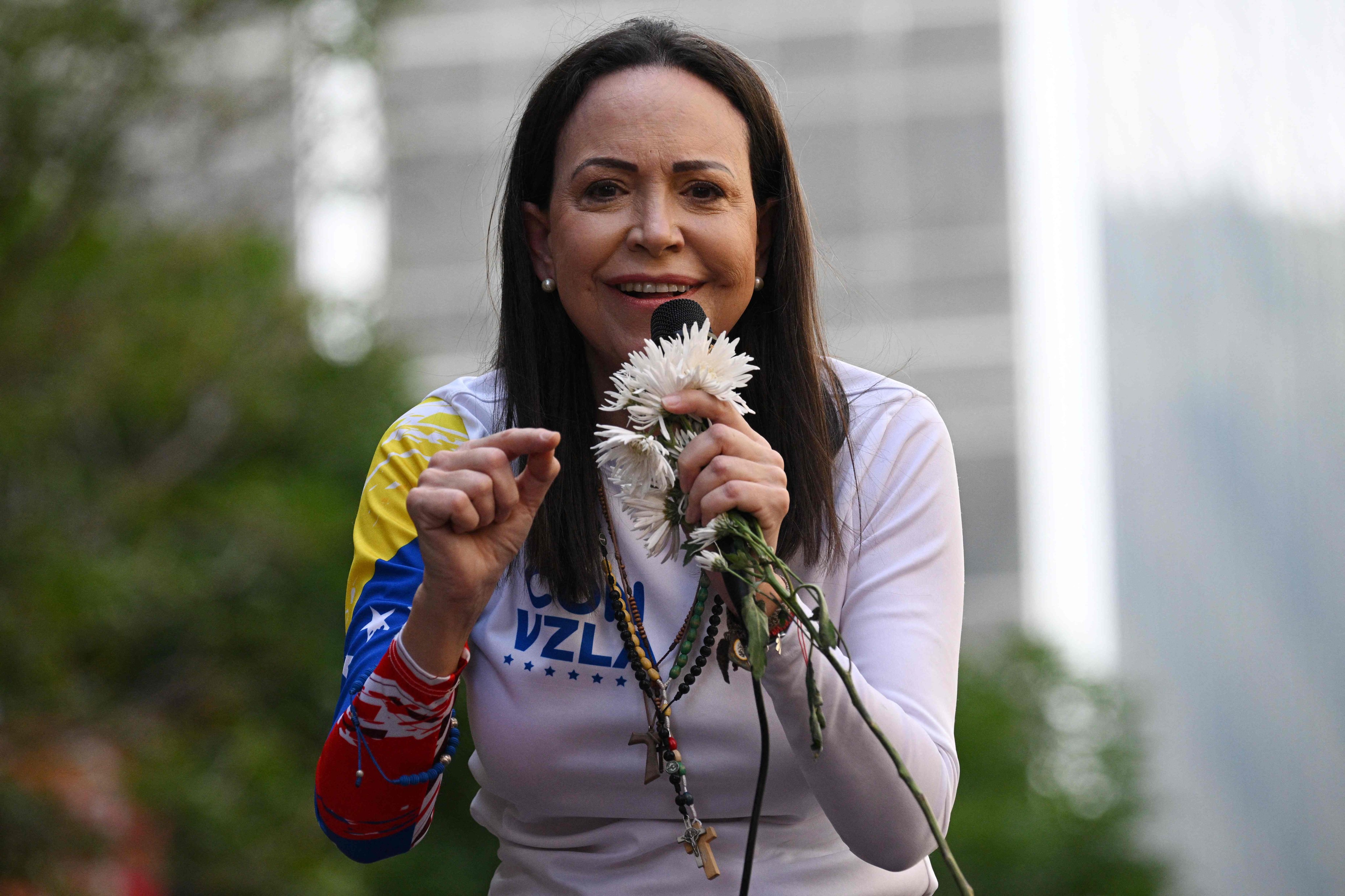 Venezuelan opposition leader Maria Corina Machado addresses supporters  in Caracas. Photo: AFP