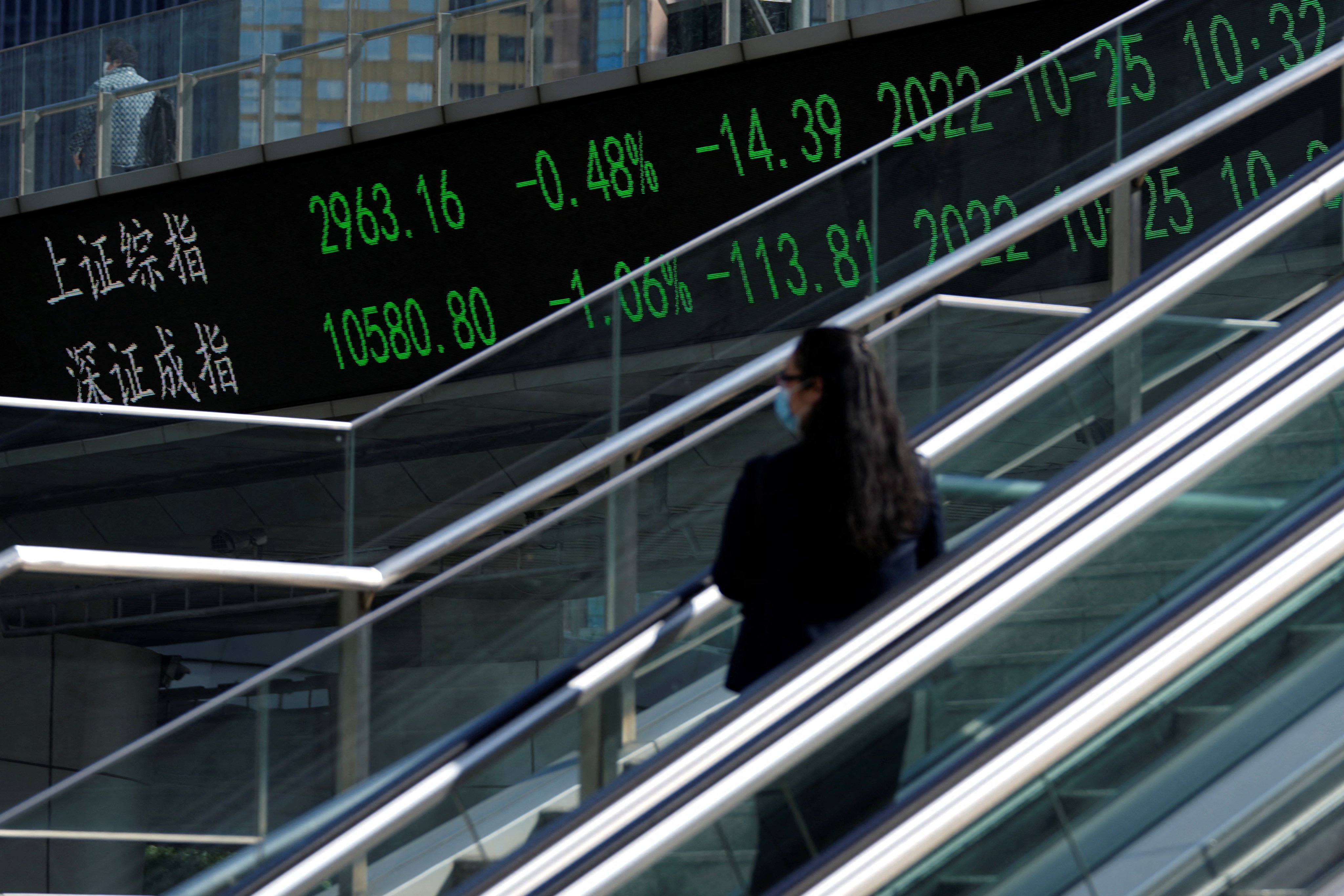 An electronic board shows Shanghai and Shenzhen stock indexes at the Lujiazui financial district. Photo: Reuters