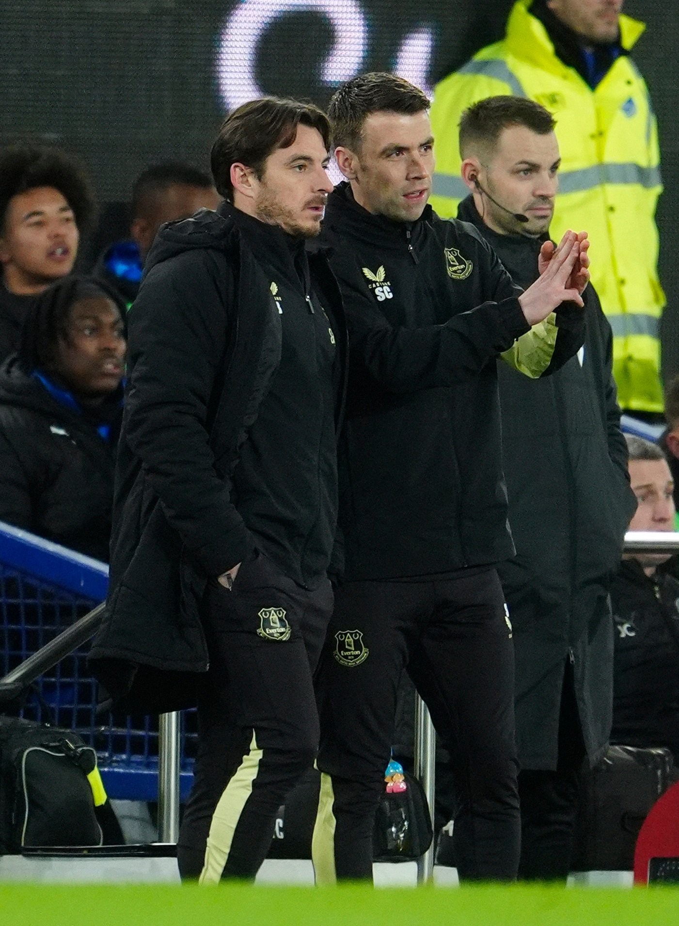 Everton caretaker managers Leighton Baines( left) and Seamus Coleman consult on the touchline. Photo: AP