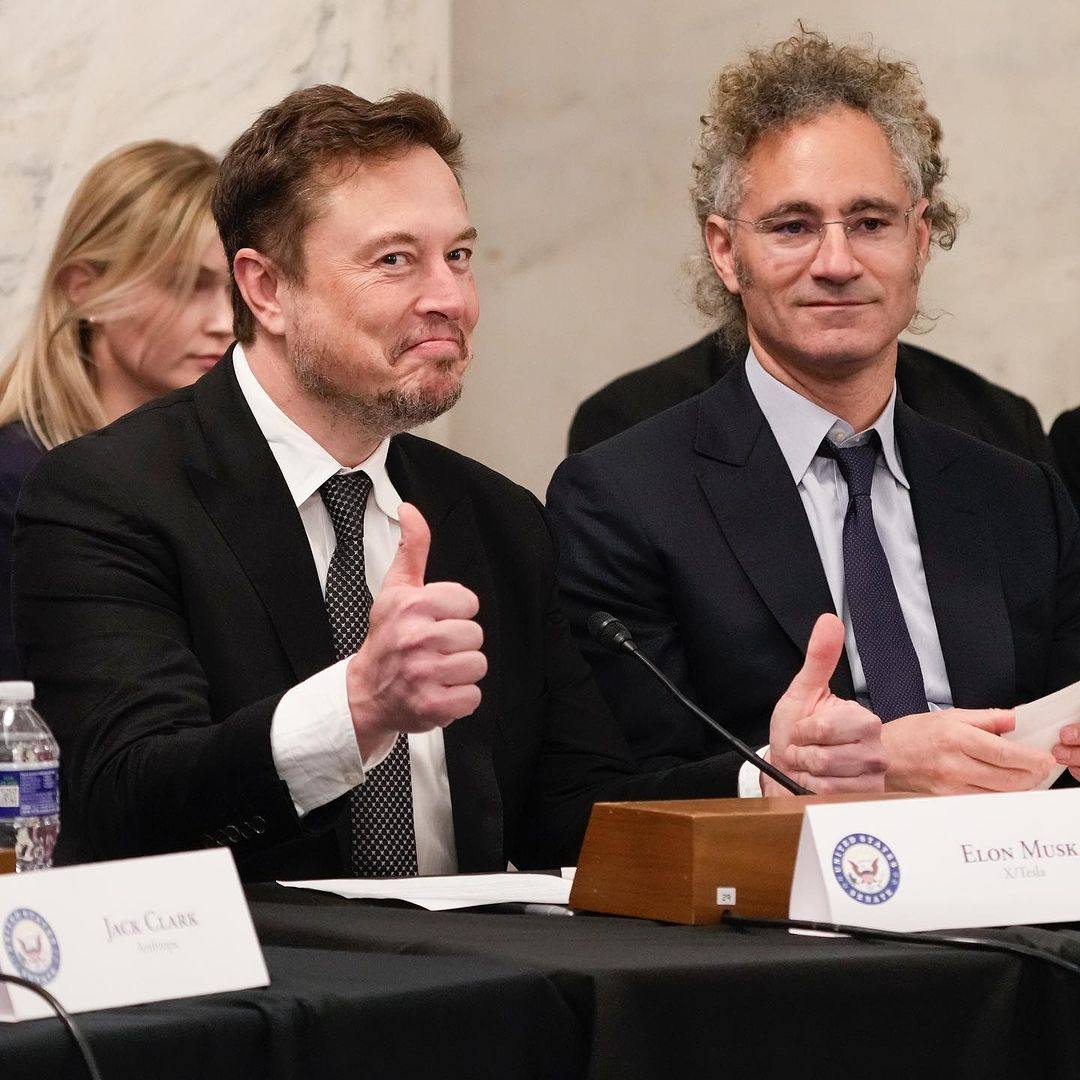 Palantir Technologies CEO and co-founder Alex Karp (right), at a forum with Elon Musk. Photo: @guygruber/Instagram