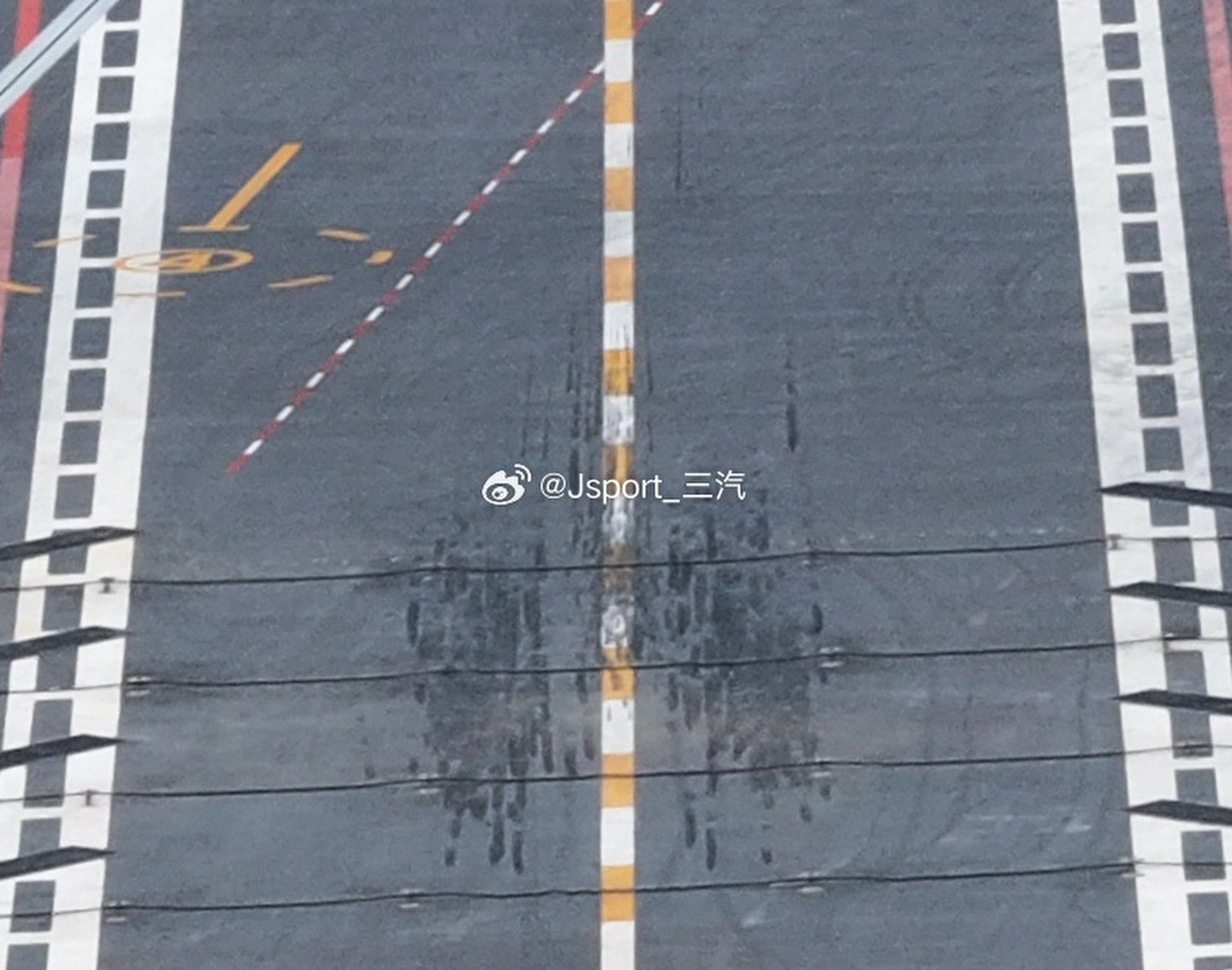 Tyre marks on the deck of the Fujian after its latest sea trial. Photo: Weibo/ Jsport