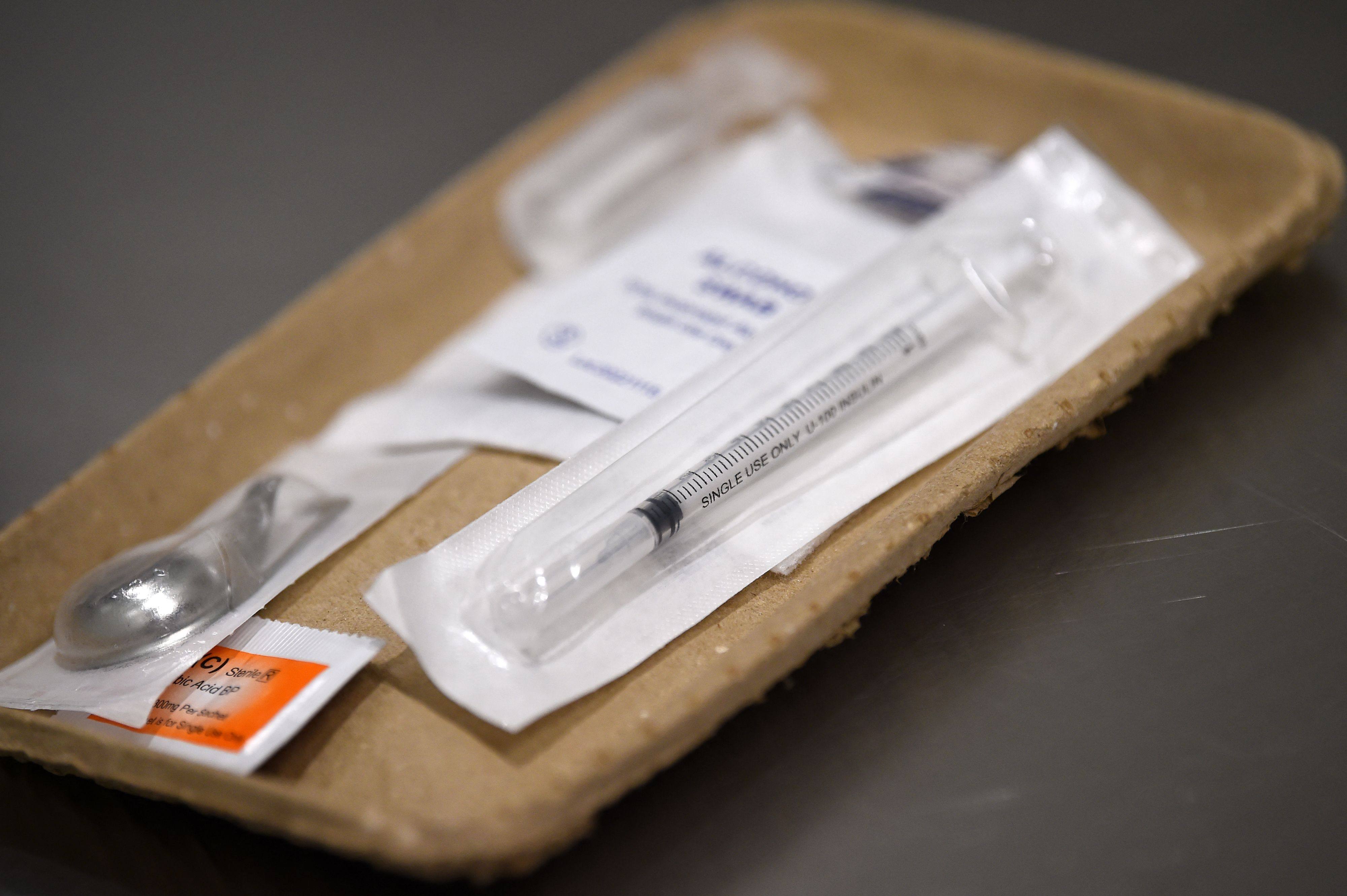 Drug taking paraphernalia are pictured in the UK’s first drug consumption room, where users can take their own illegal drugs under medical supervision. Photo: AFP