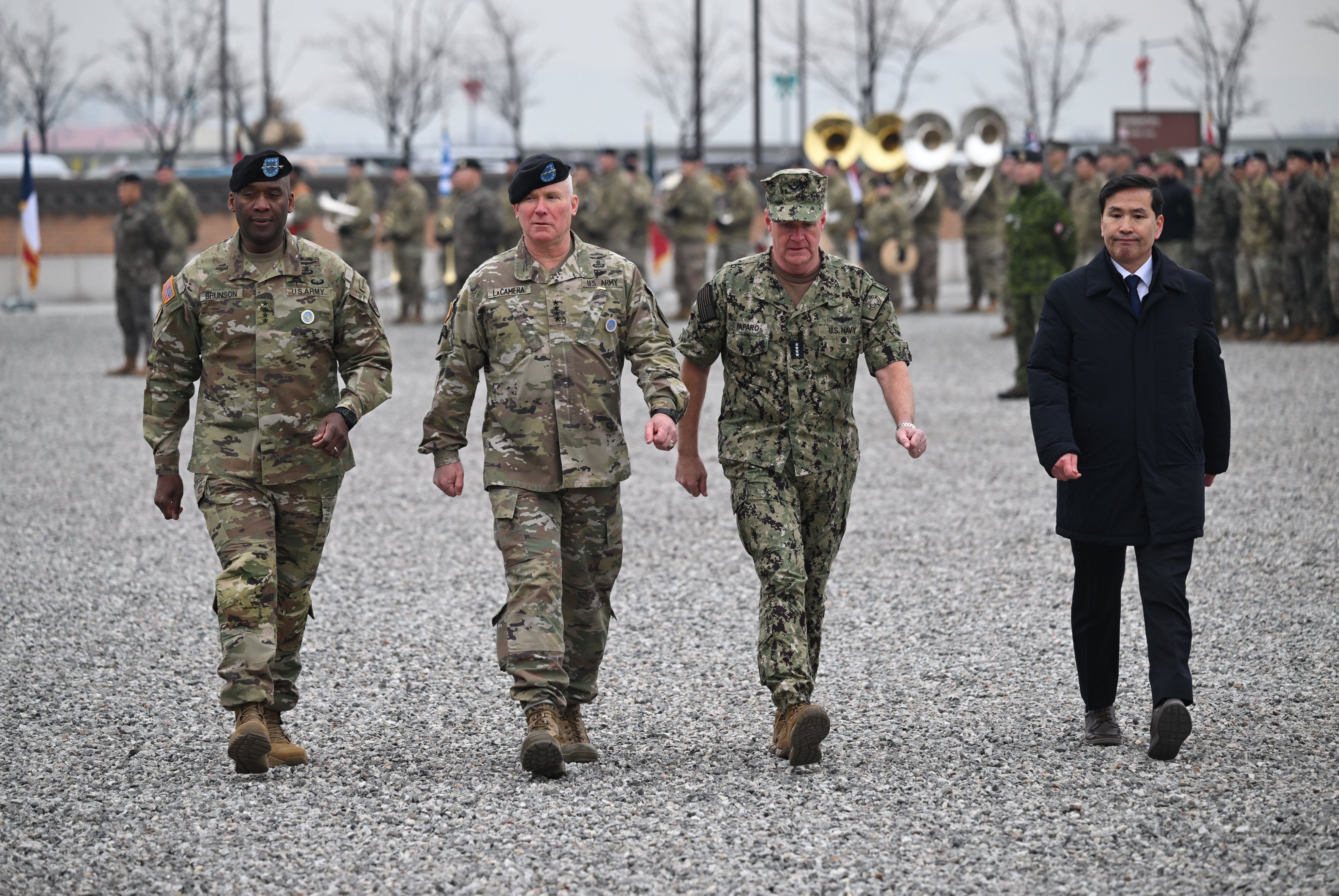 (From left) Incoming commander General Xavier Brunson, outgoing commander General Paul LaCamera, US Navy admiral Samuel Paparo, commander of US Indo-Pacific Command, and South Korea’s acting defence minister Kim Seon-ho inspect troops during a change-of-command ceremony for the United Nations Command, Combined Forces Command, and United States Forces Korea at Camp Humphreys in Pyeongtaek, South Korea, on December 20. Photo: EPA-EFE