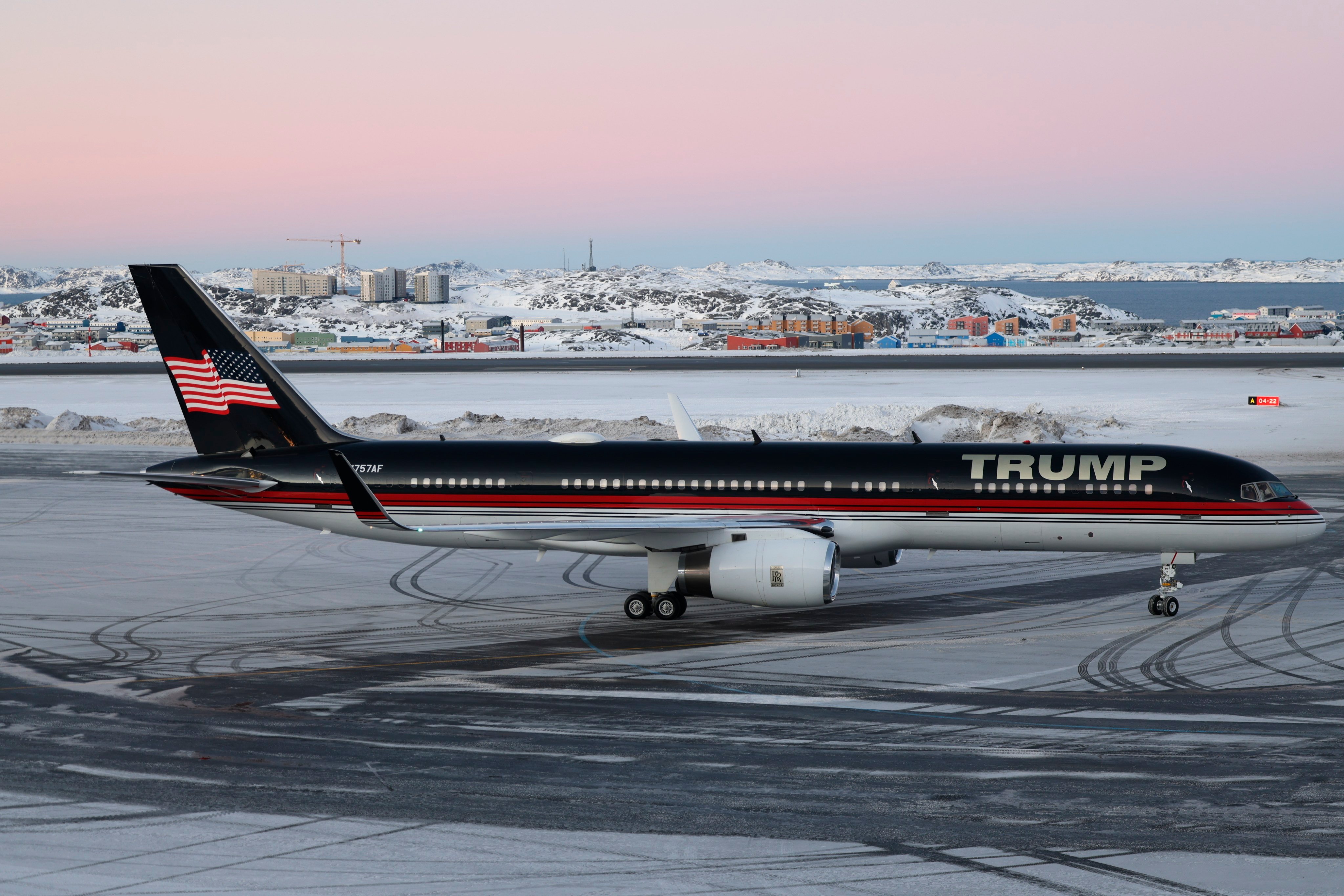 A plane carrying Donald Trump Jnr landing in Nuuk, Greenland on Tuesday. Photo: Ritzau Scanpix via AP