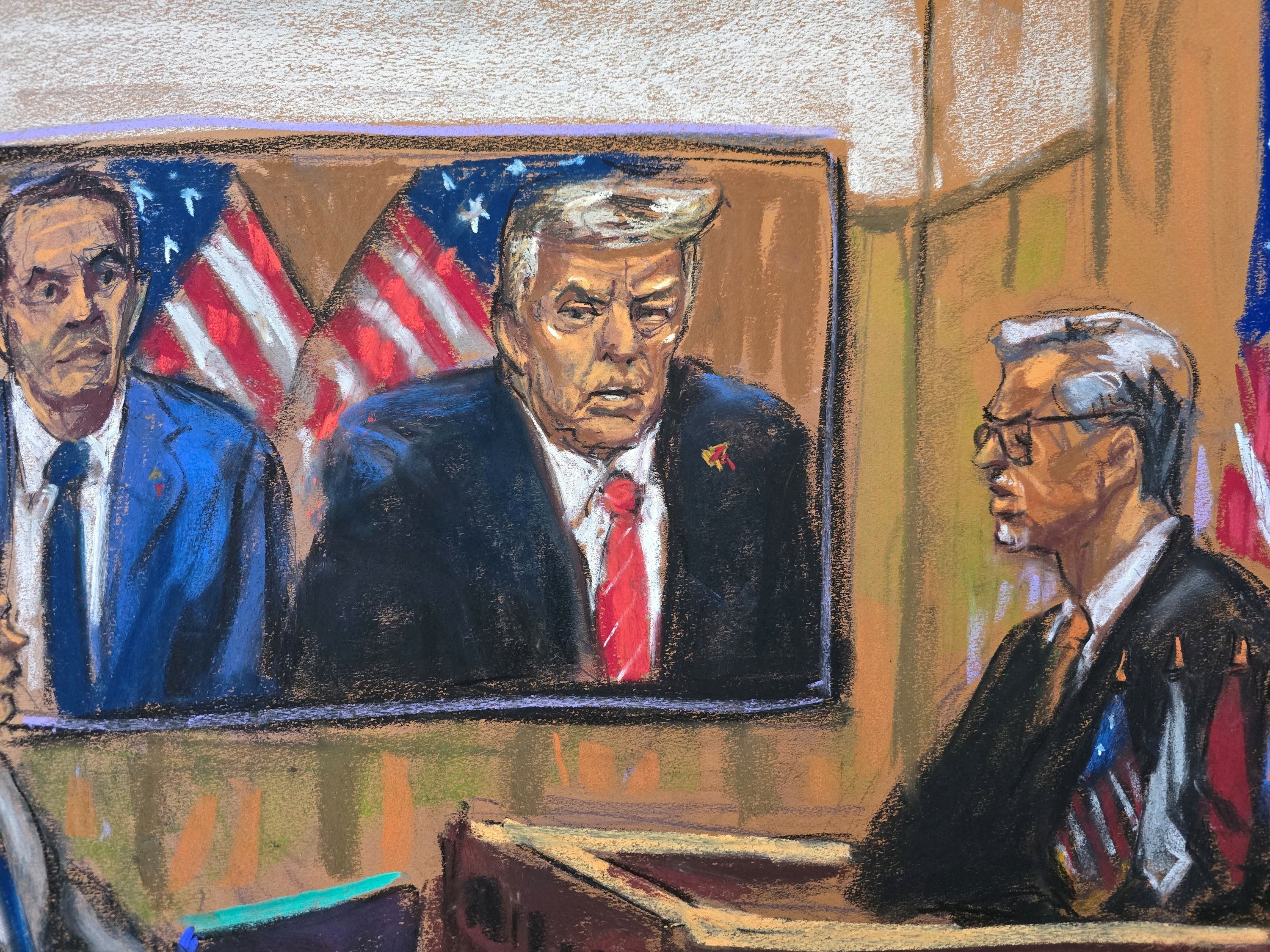 New York Judge Juan Merchan sentences US president-elect Donald Trump as he appears remotely alongside his lawyer Todd Blanche in Manhattan on Friday. Courtroom sketch: Jane Rosenberg via Reuters