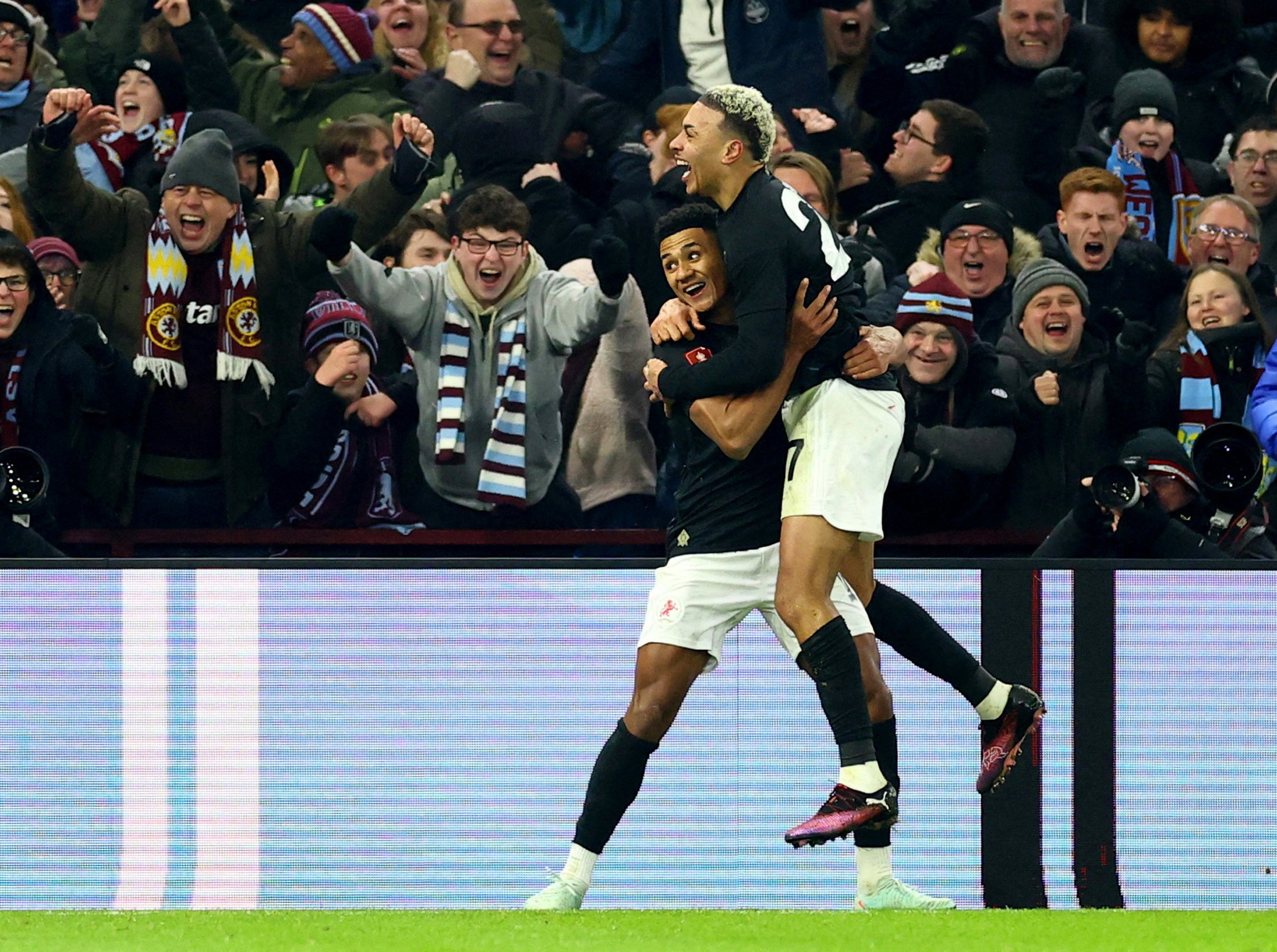 Aston Villa’s Morgan Rogers celebrates with Ollie Watkins after scoring his side’s second goal. Photo: Reuters