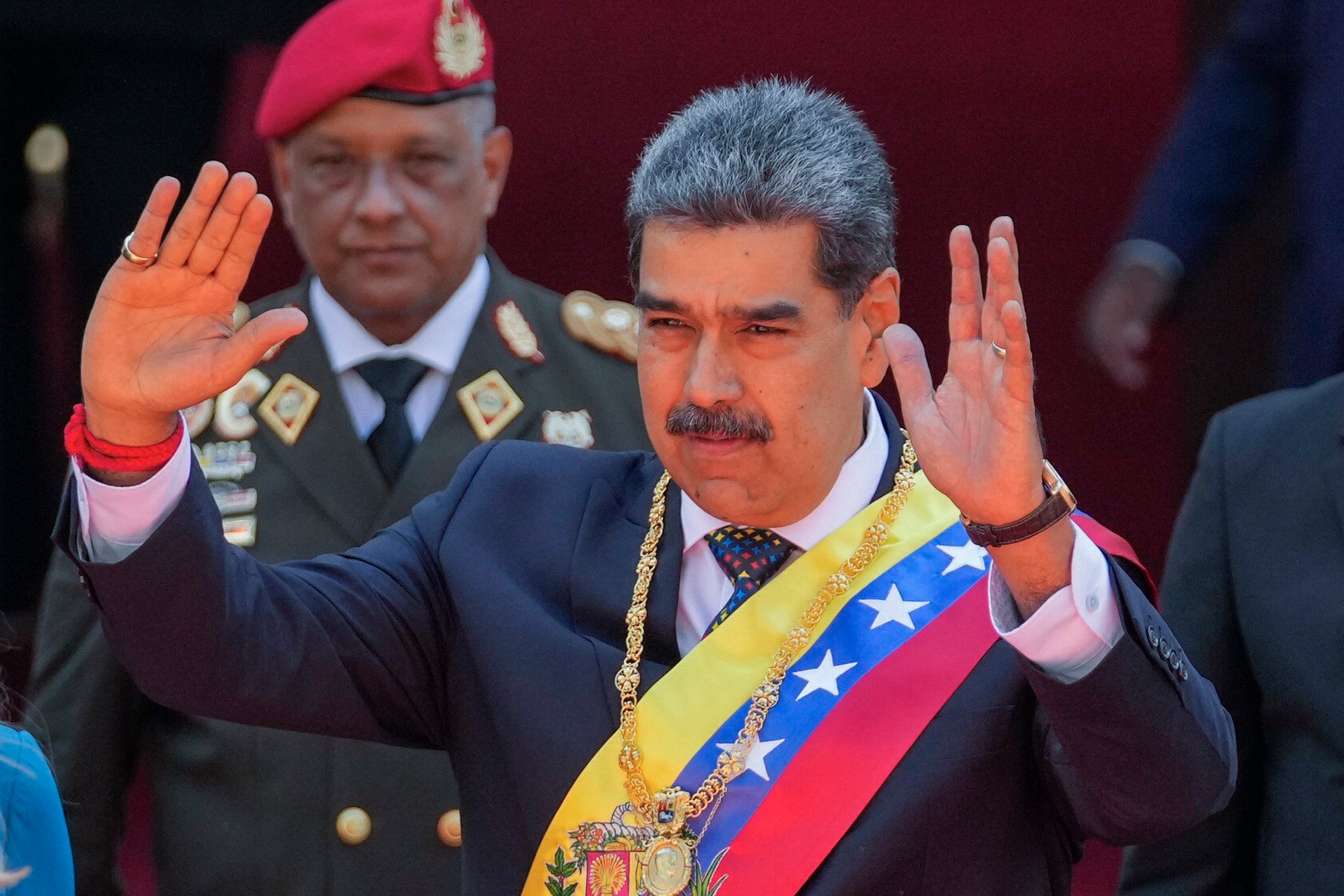 Venezuelan President Nicolas Maduro waves after being sworn in for a third term in Caracas on Friday. Photo: AP