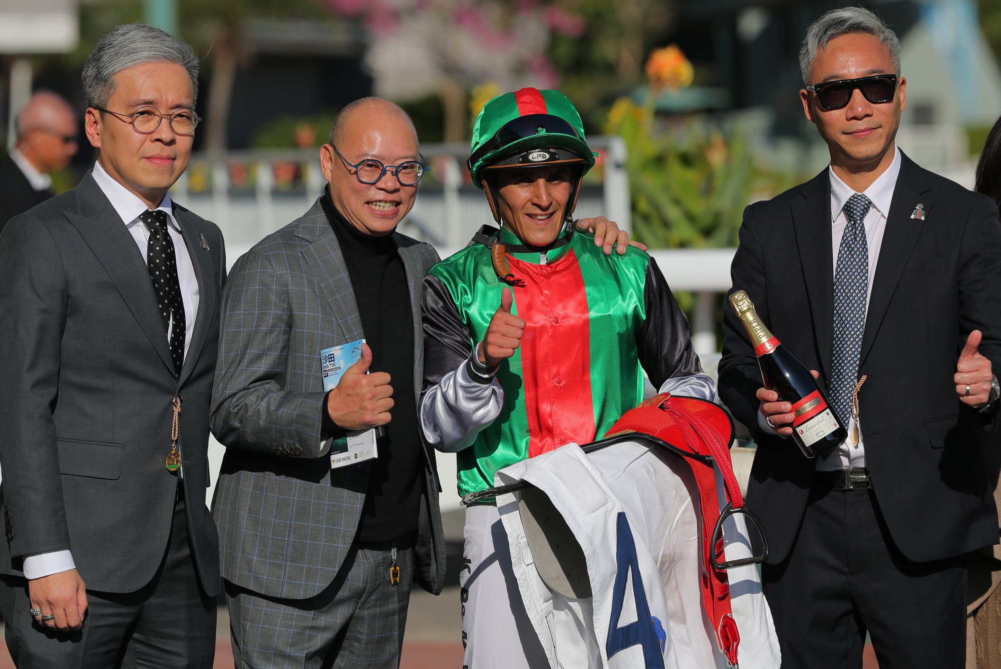 Trainer Chris So (second from left), jockey Keagan de Melo and connections of Mask Rider.