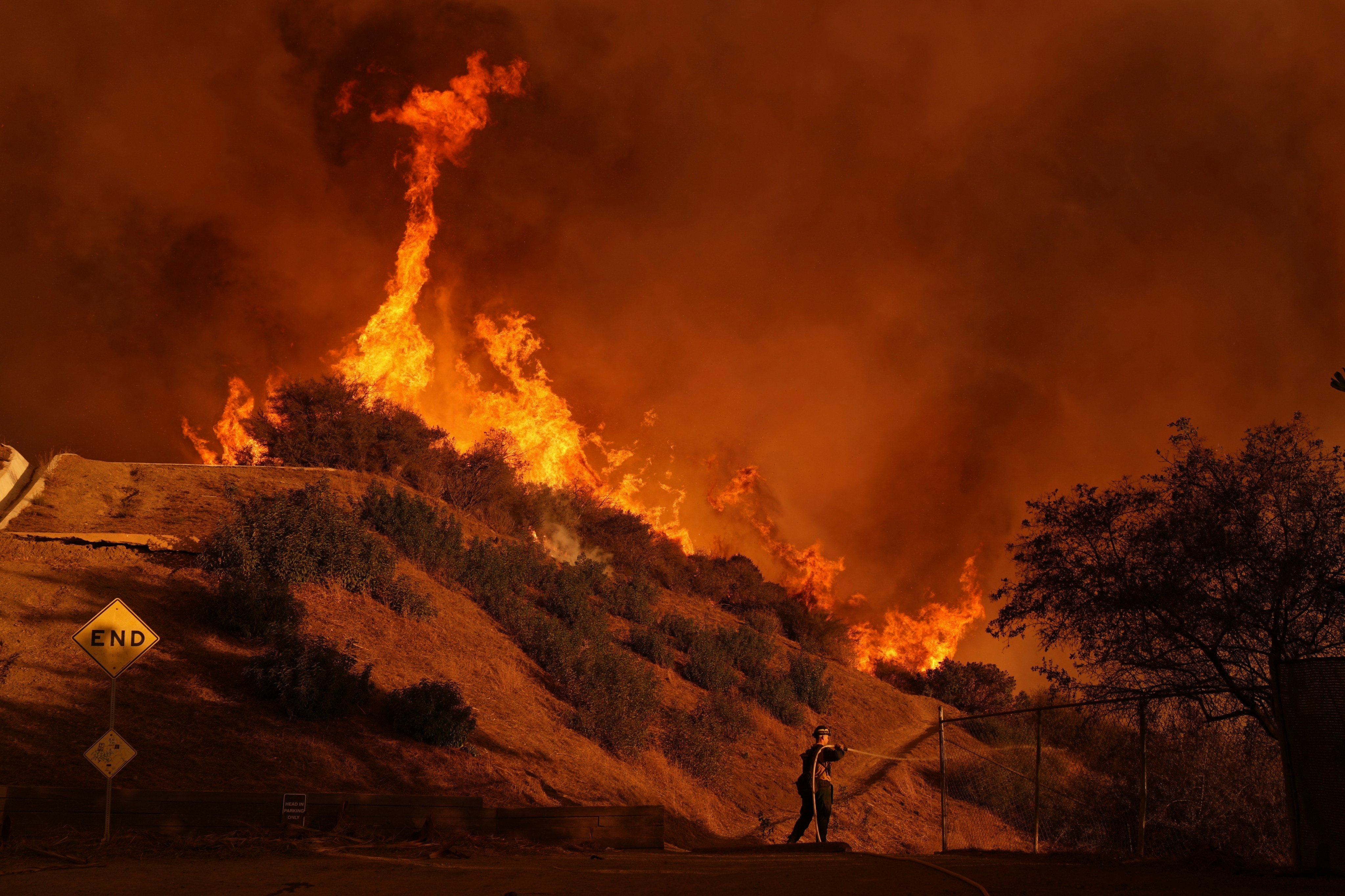 A firefighter battles the Palisades Fire in Mandeville Canyon. Photo: AP