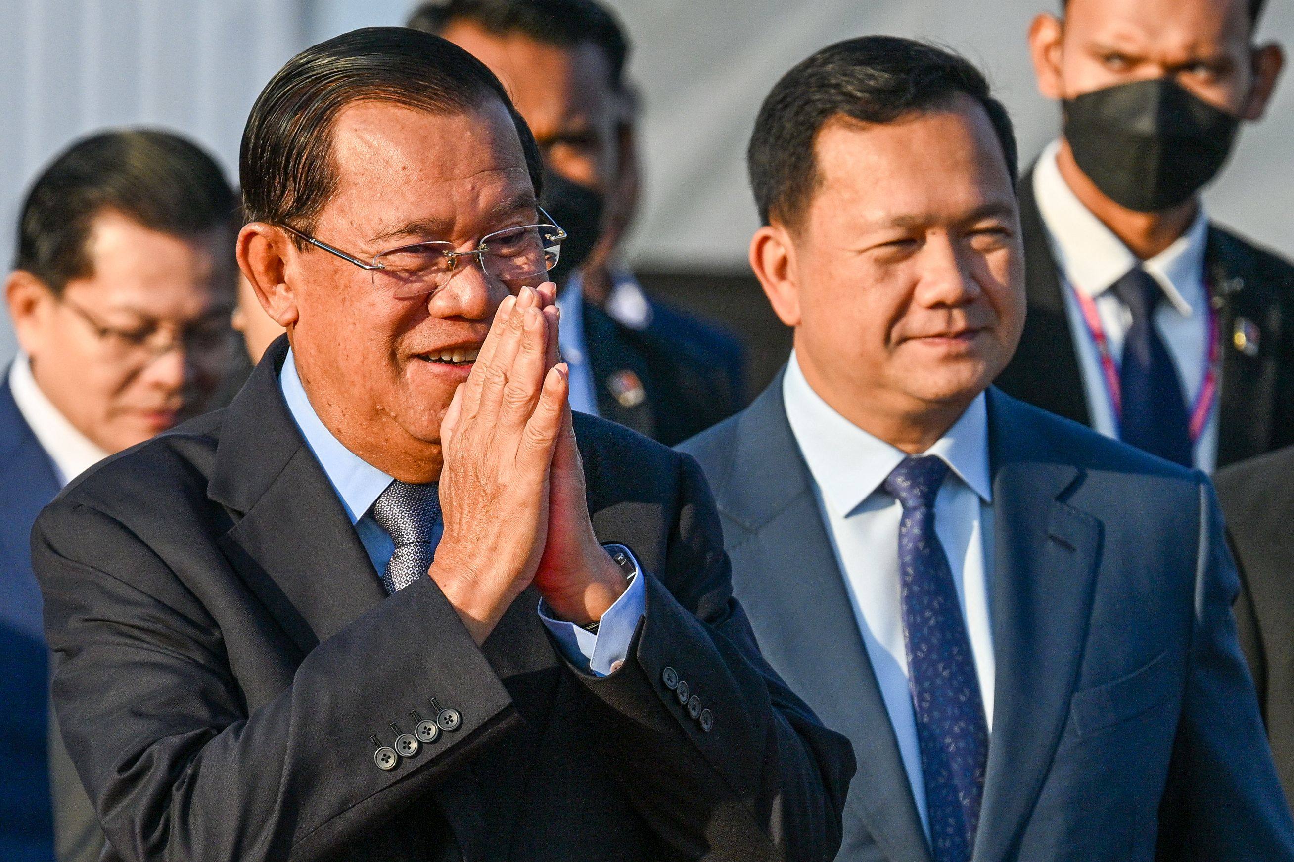 Cambodia’s Senate President Hun Sen (left) and his son and successor as Cambodia’s Prime Minister Hun Manet. Photo: AFP