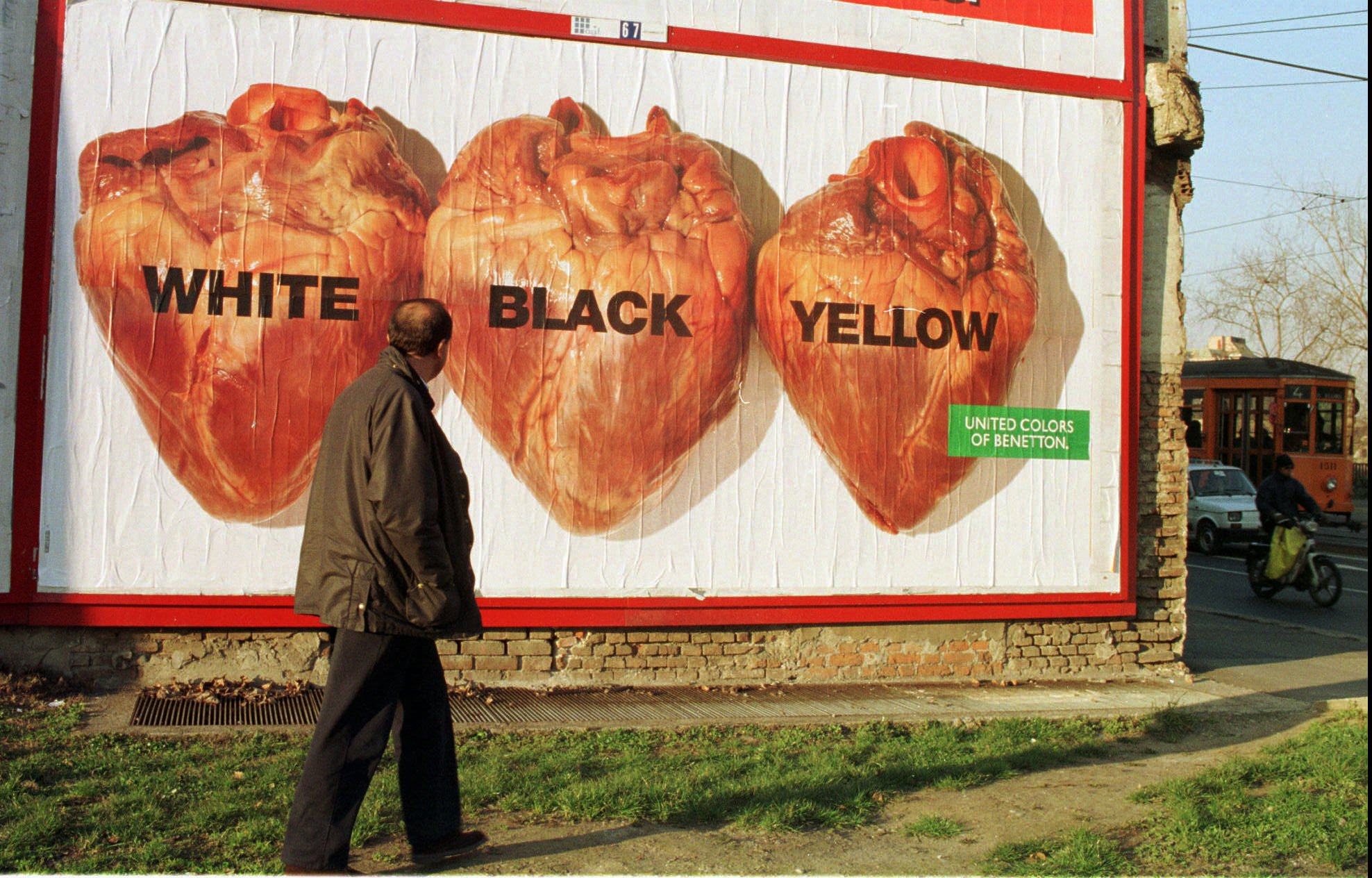 An Oliviero Toscani photograph used in a 1996 advert for the Benetton fashion chain to make a point about race. Toscani has died in Italy at the age of 82. Photo: AP