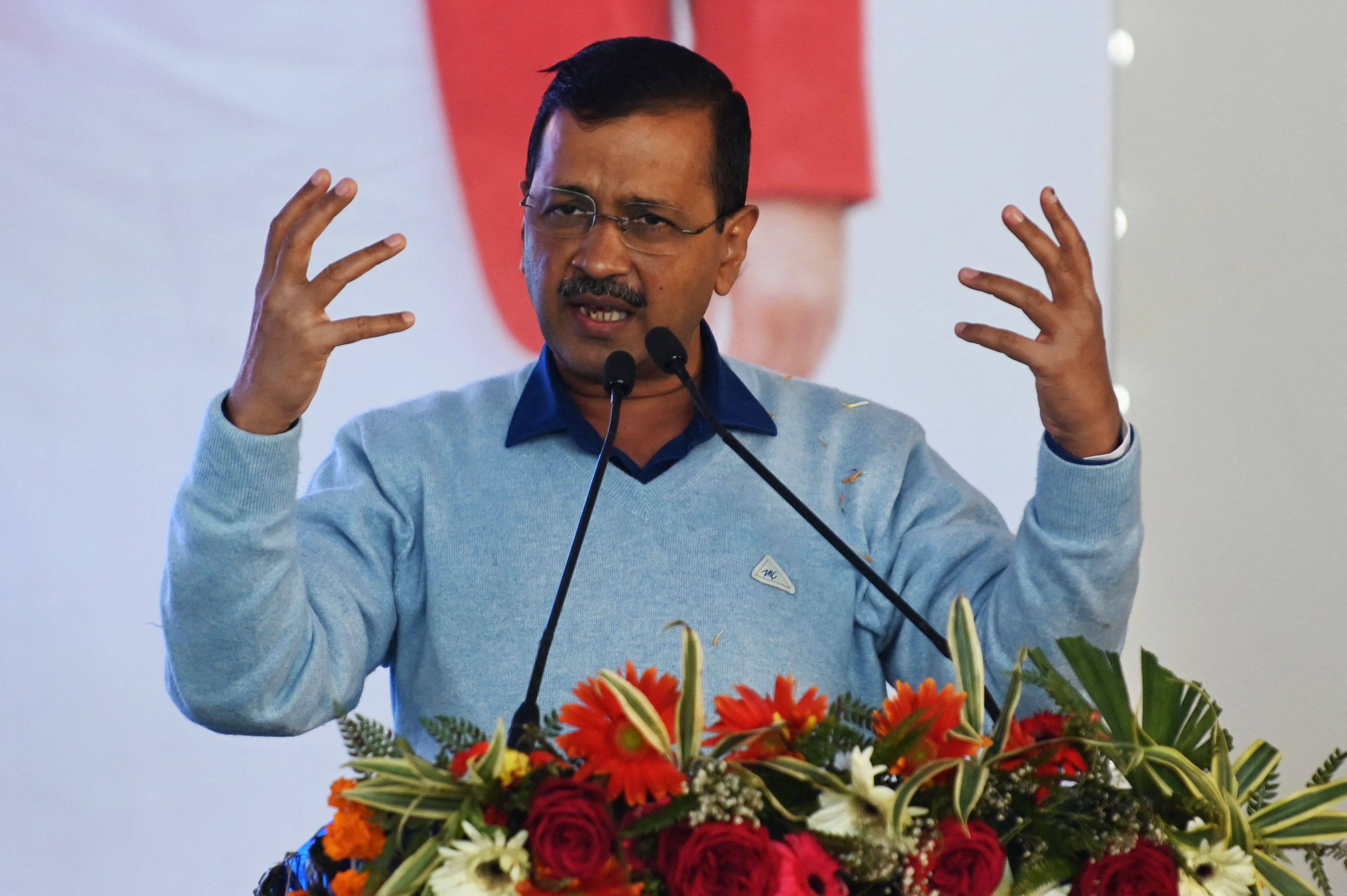 Delhi Chief Minister Arvind Kejriwal speaks during the launch  ceremony of ‘500 Aam Aadmi clinics’, a program to provide health care access in Punjab state, in Amritsar on January 27, 2023. Photo:  AFP