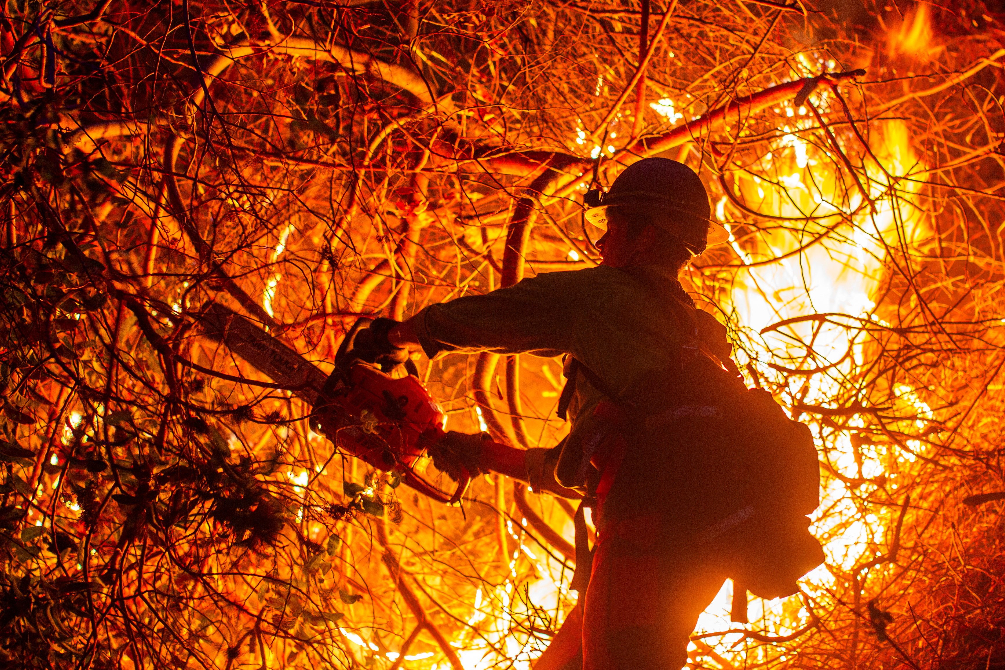 A firefighter extinguishes the fire as the Palisades Fire, one of several simultaneous blazes that have ripped across Los Angeles County. Photo: Reuters