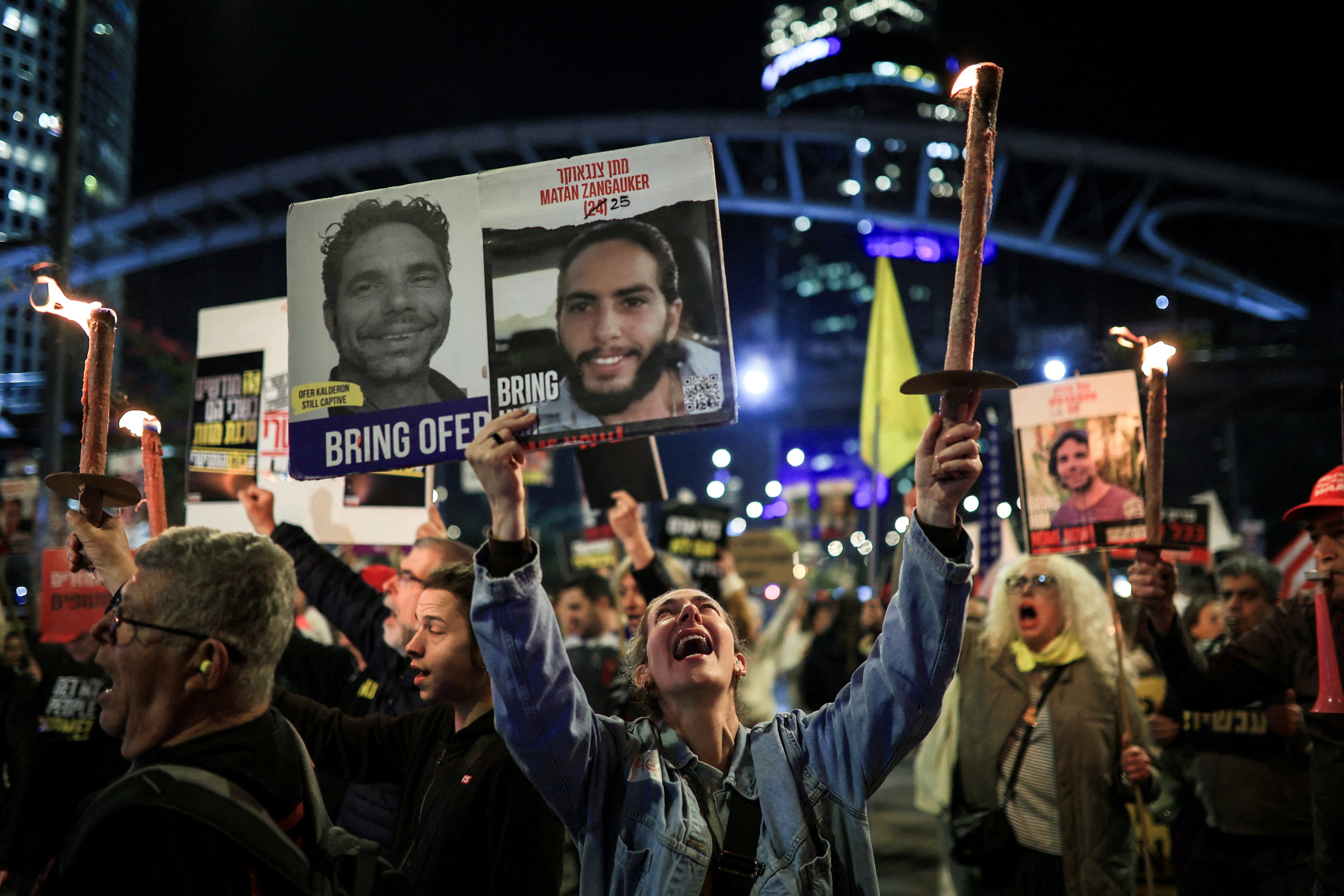 Supporters of Israeli hostages during a protest in Tel Aviv, Israel on Monday. Photo: Reuters