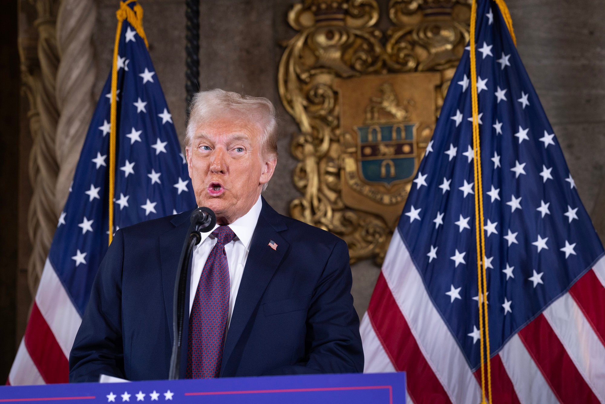 US president-elect Donald Trump speaks to members of the media during a press conference at the Mar-a-Lago Club on Jan. 7 in Palm Beach, Florida. Trump will be sworn in as the 47th president of the United States on Jan. 20. Photo: Getty Images/Tribune News Service