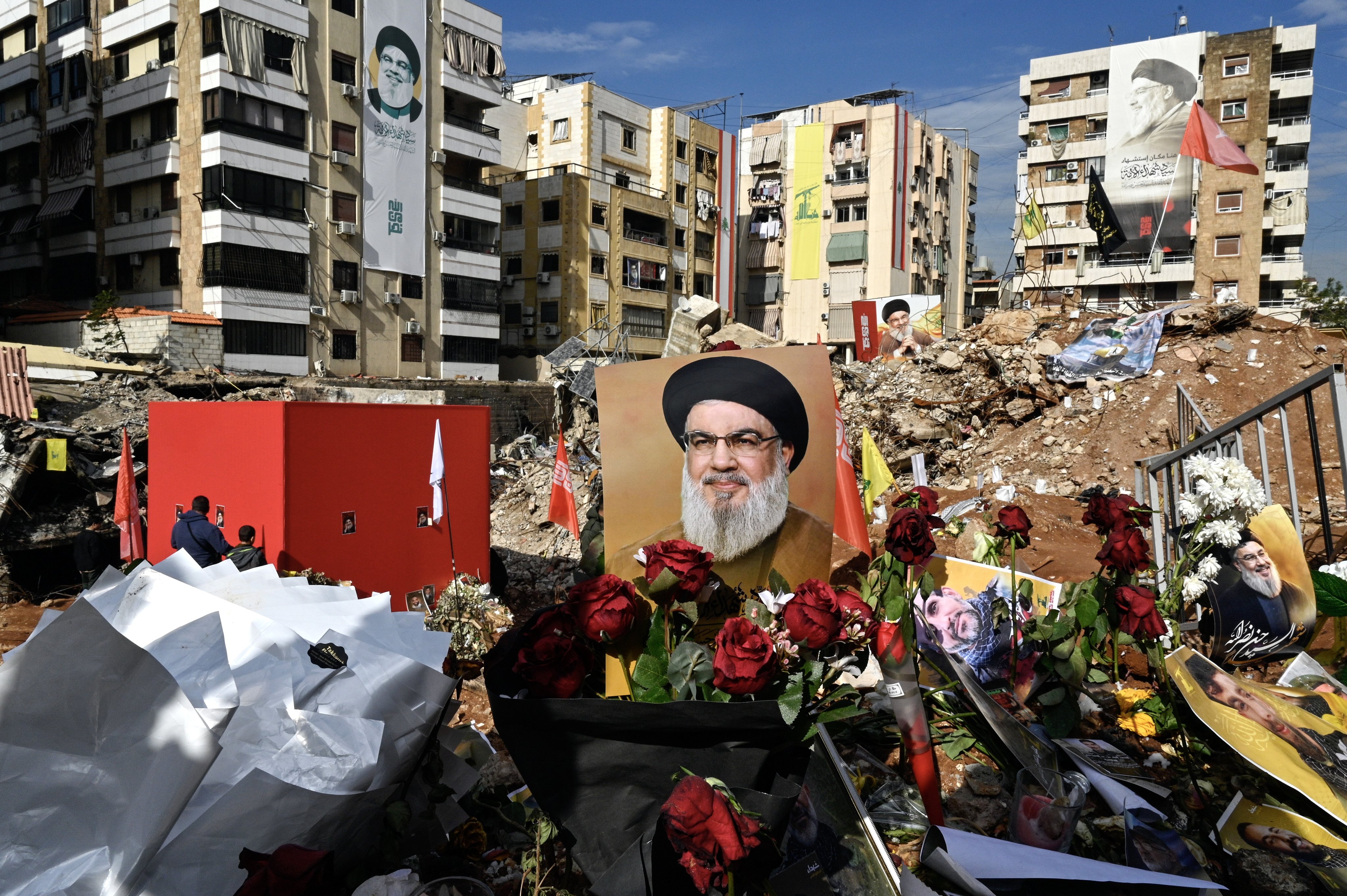 Flowers are laid at the site where late Hezbollah leader Hassan Nasrallah was killed in southern Beirut, Lebanon. Photo: EPA-EFE