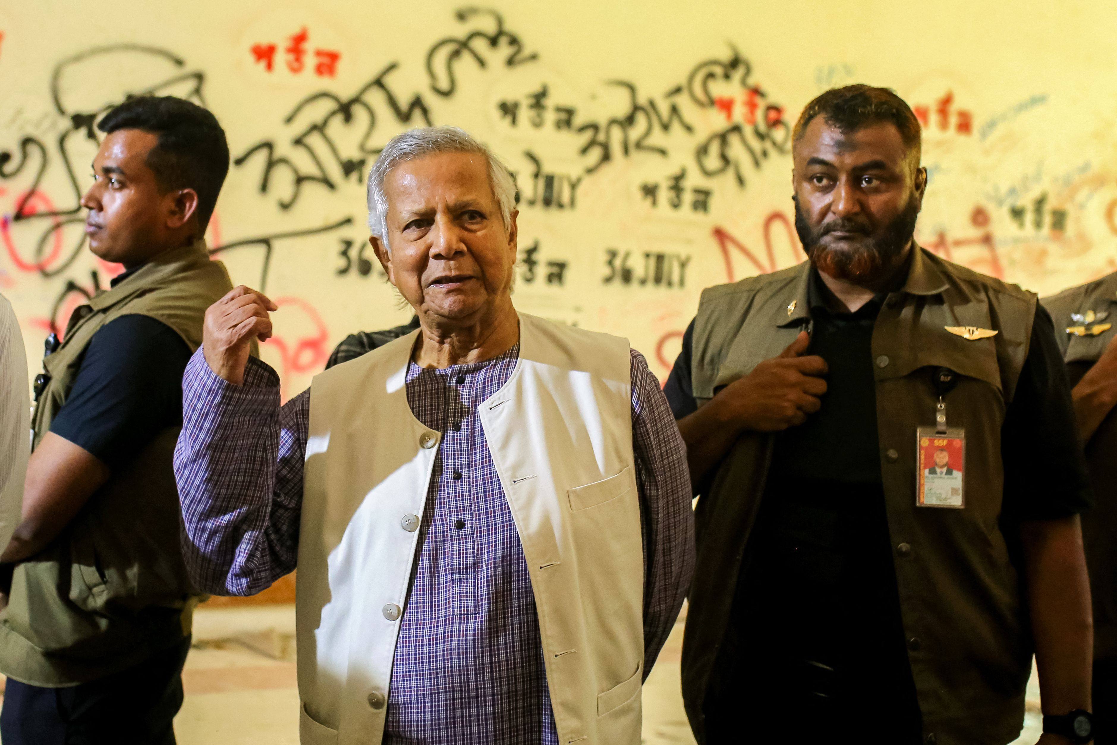 Bangladesh’s interim leader Muhammad Yunus in the former official residence of Sheikh Hasina in Dhaka last year. Photo: Press Wing of Bangladesh’s Chief Adviser / AFP 