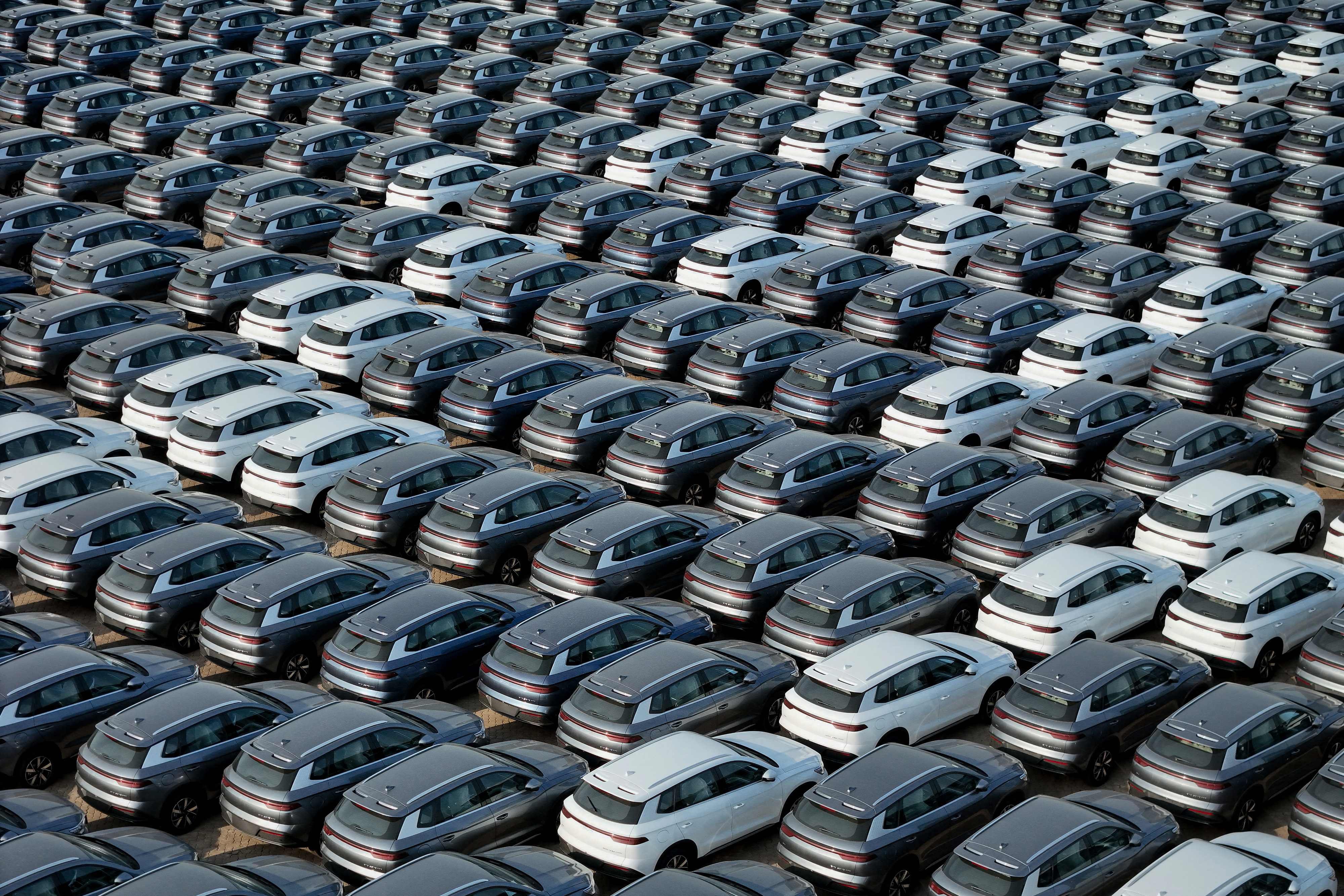 BYD electric cars for export are seen waiting to be loaded onto a ship at a port in Yantai, in eastern China’s Shandong province. File photo: AFP