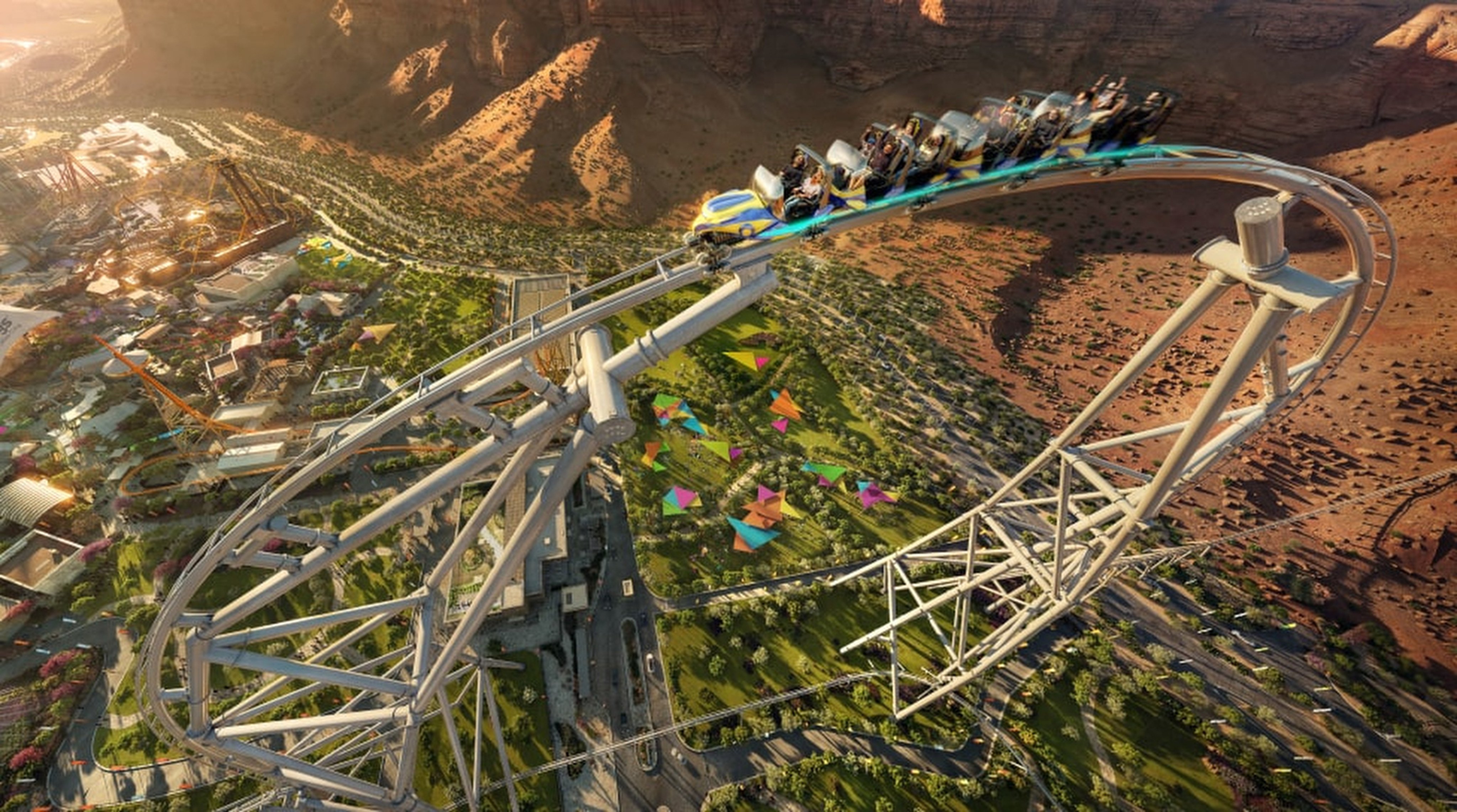 An artist’s impression of Falcon’s Flight, opening in Saudi Arabia in 2025. Photo: Six Flags Qiddiya City