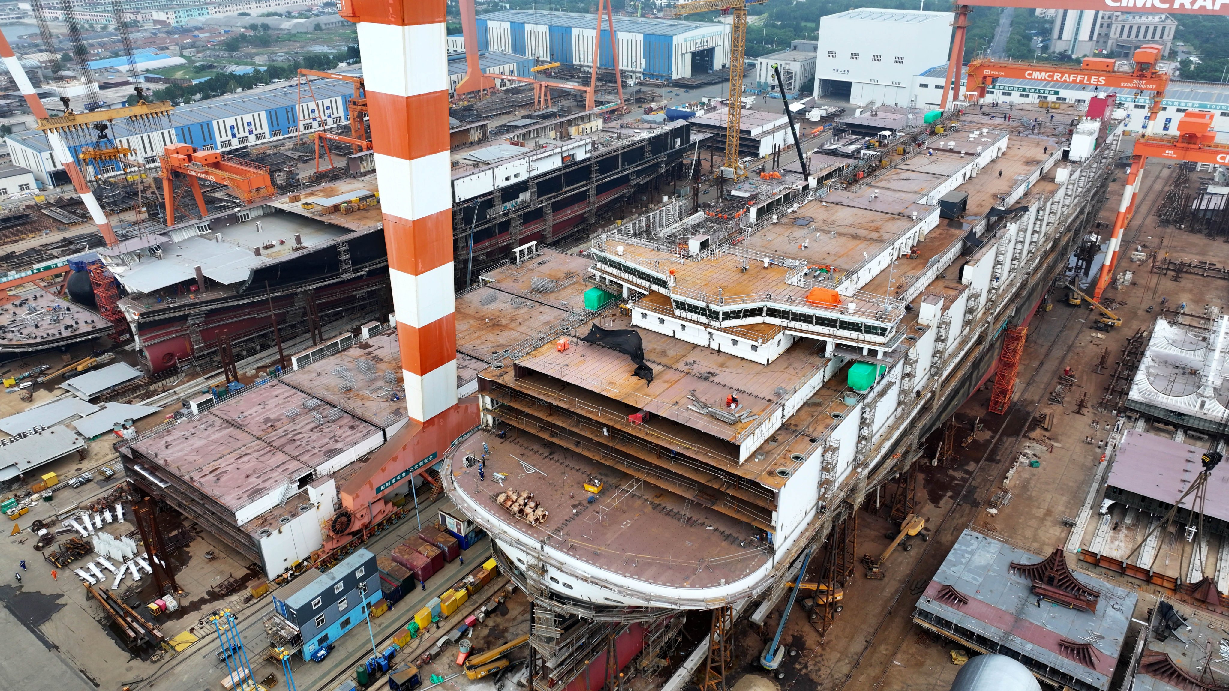 Large cargo ships are seen under construction at a Chinese shipyard in Yantai, Shandong province, in August. Photo: Xinhua