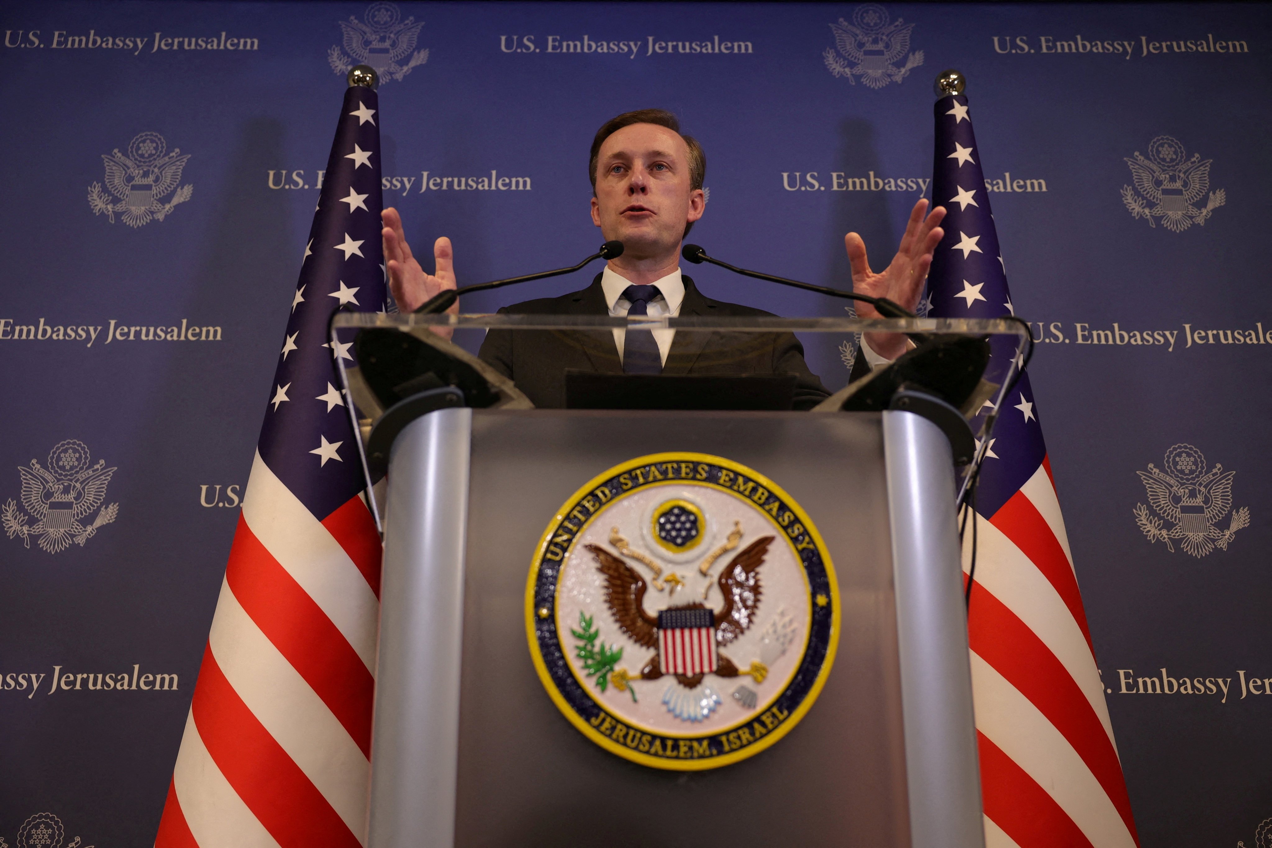 US National Security Advisor Jake Sullivan speaks during a press conference in Tel Aviv, Israel on December 12, 2024. Photo: Reuters