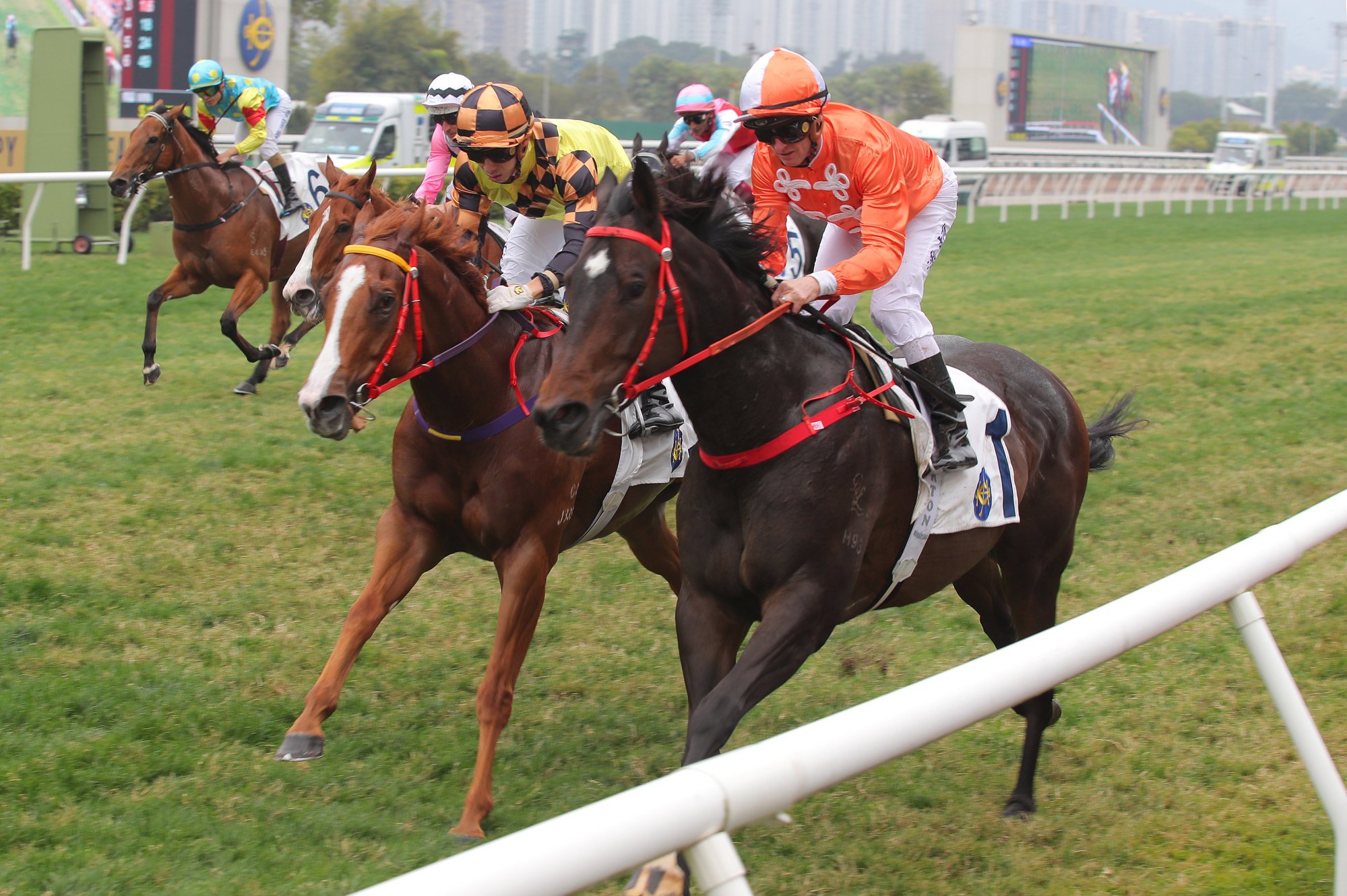 Howdeepisyourlove (right) runs down Magic Control to win the Bauhinia Sprint Trophy.