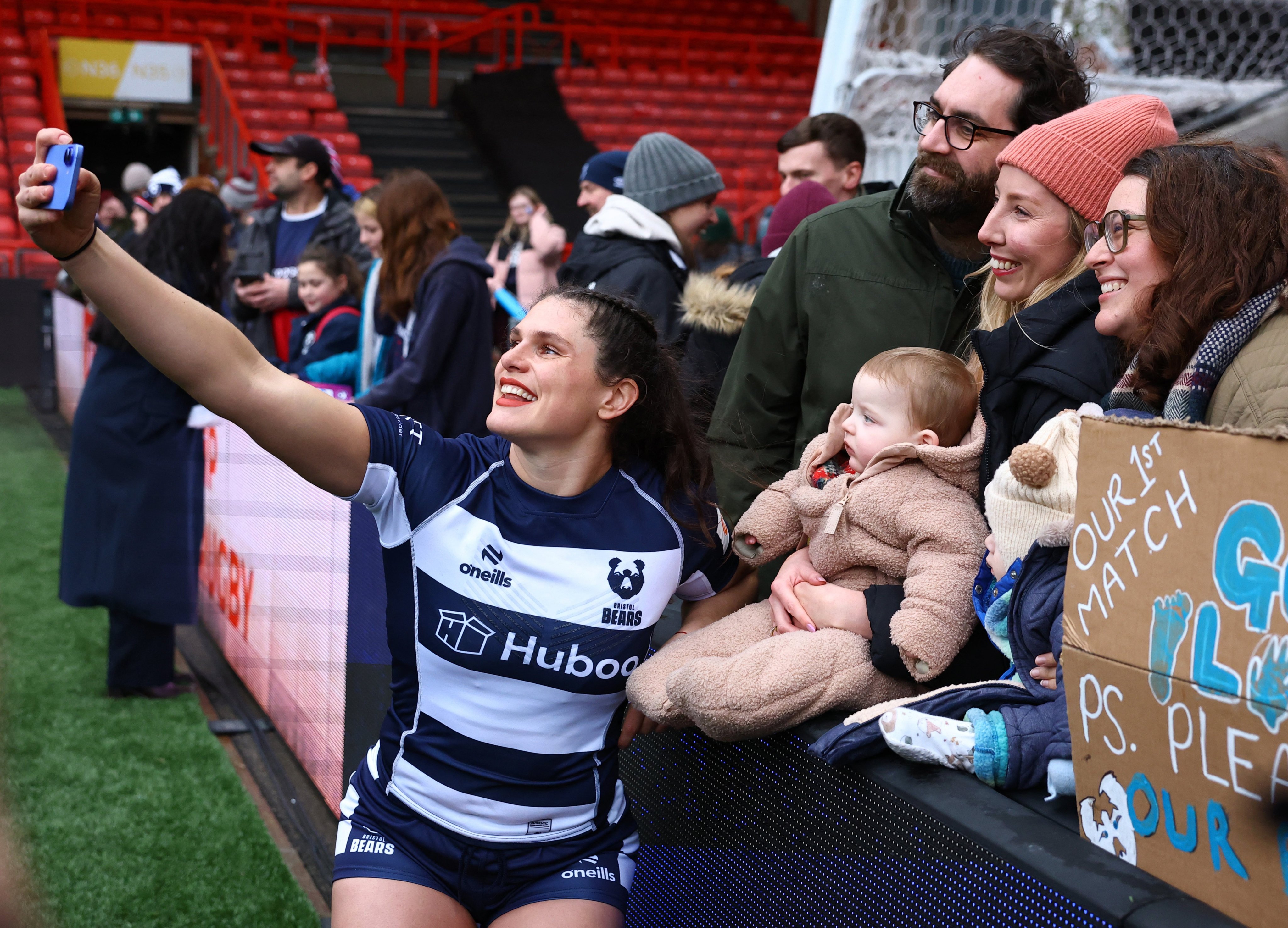 Ilona Maher takes a selfie with fans after her debut in English club rugby for Bristol Bears. Photo: Reuters