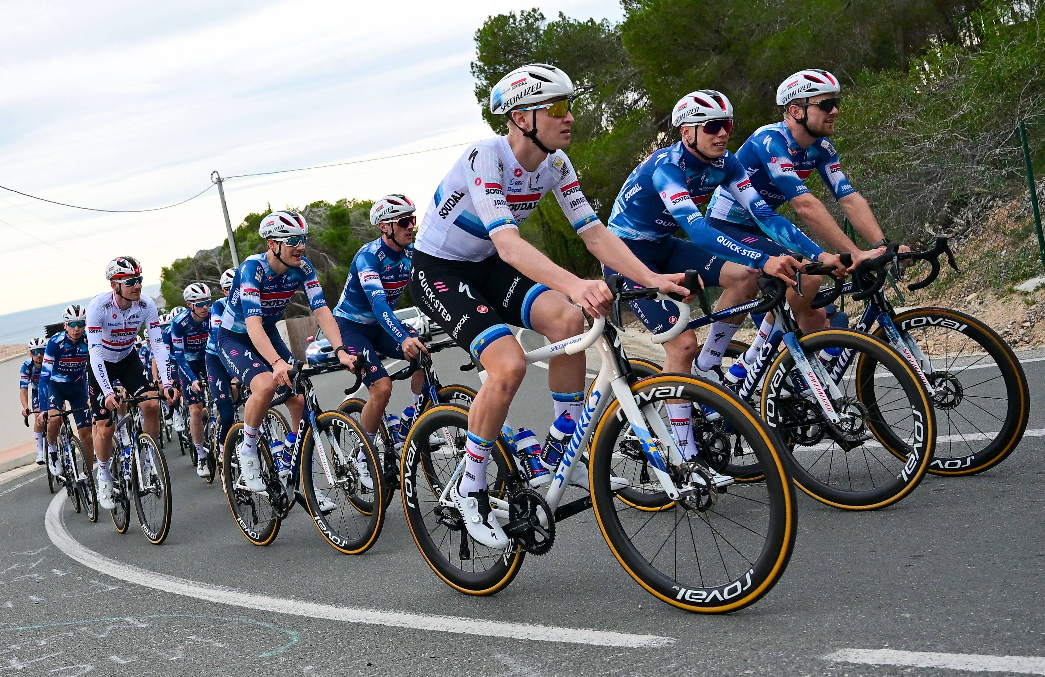 Belgian cyclist Tim Merlier (centre) of team Soudal Quick-Step rides with teammates during a training session in Calpe, near Alicante, eastern Spain, on January 9, 2025. Photo: AFP