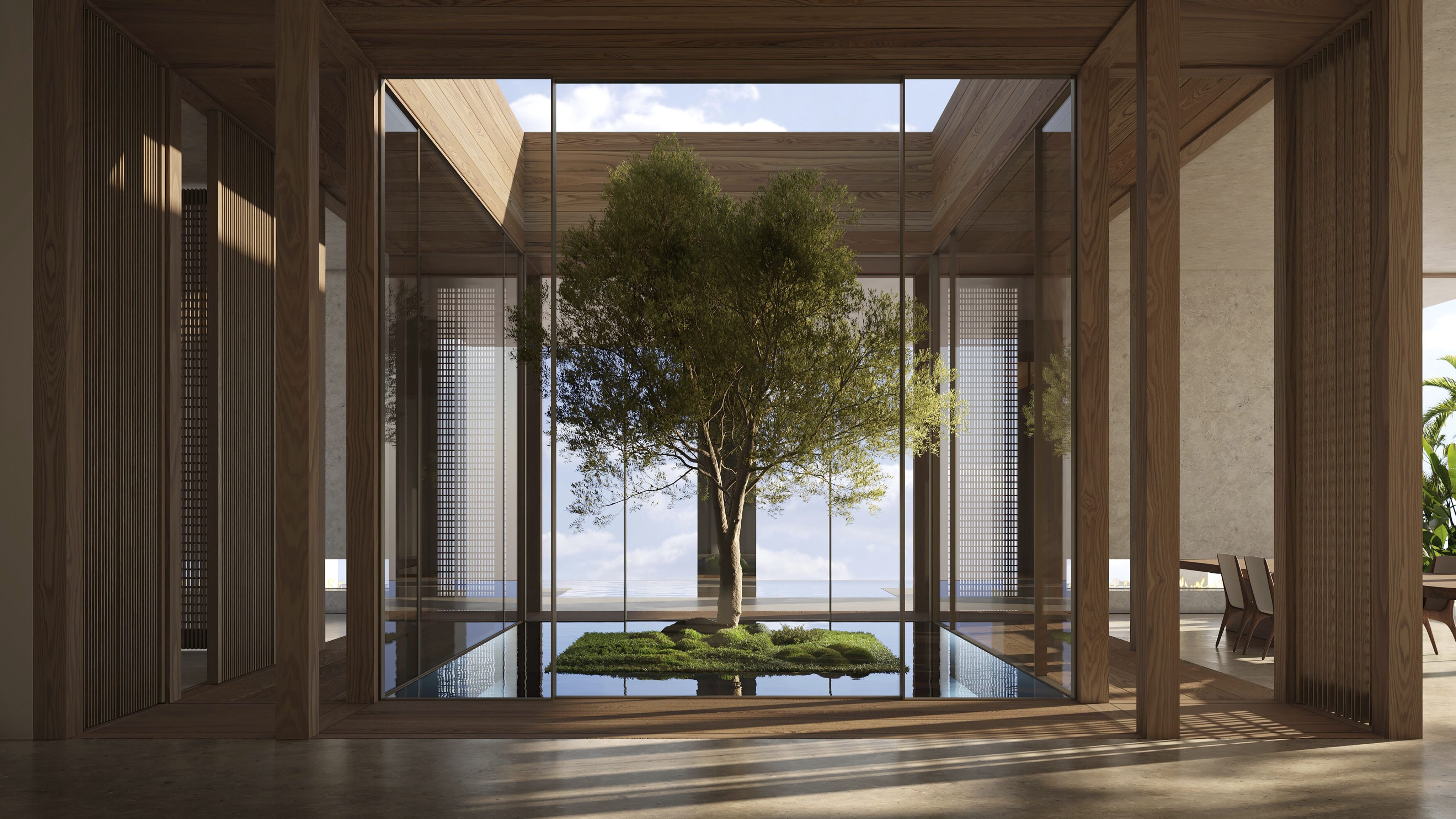 A Chinese banyan (Ficus microcarpa) tree is situated in an infinity pool in this rendering of a home in New Delhi, India, designed by 
New York-based firm ODA Architecture. Photo: AP